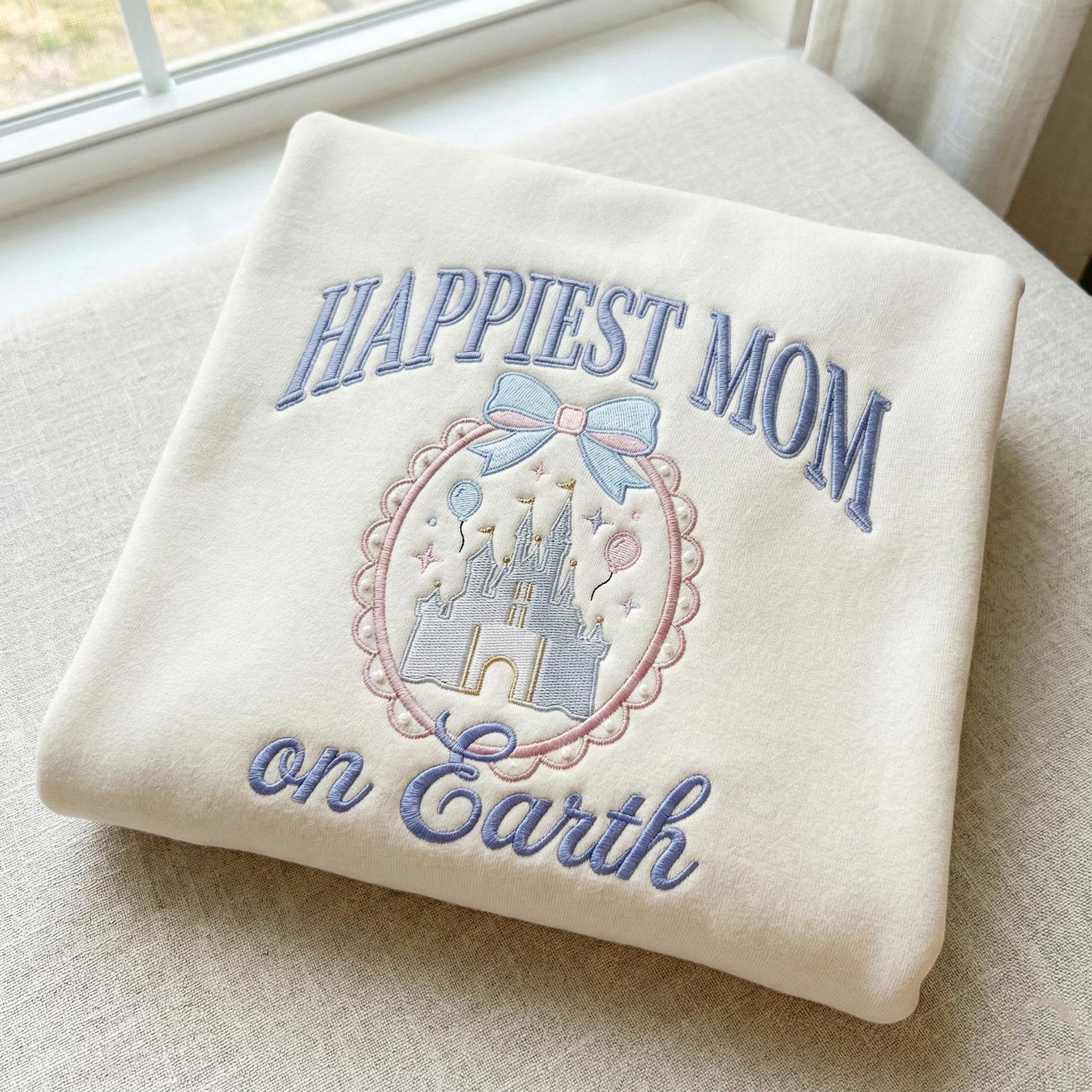 Happiest Mom On Earth Embroidered Sweatshirt, Mama Gift Tee, Mother's Day Gift For Mom, Magic Castle Coquette Bow Shirt, Family Trip Outfit 1