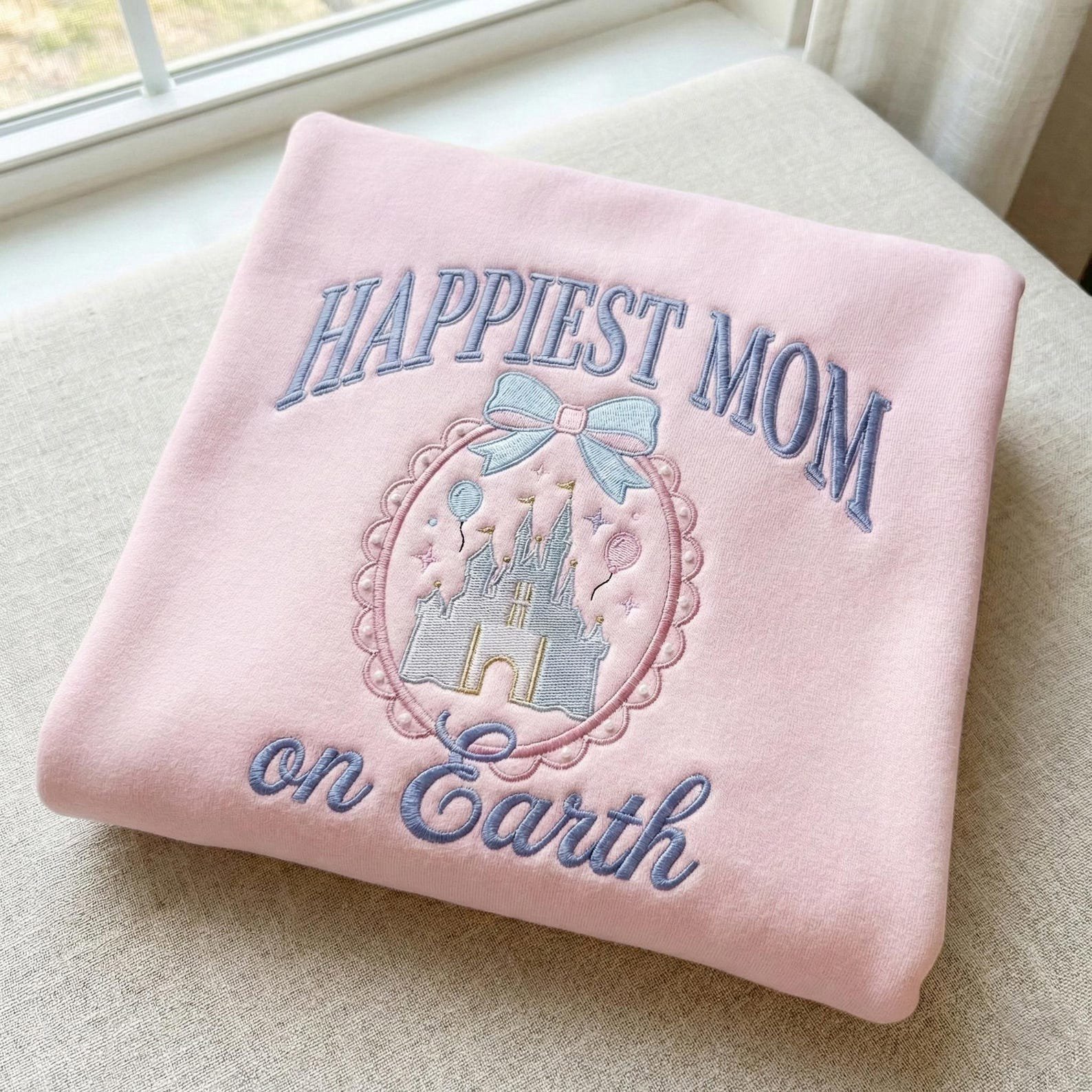 Happiest Mom On Earth Embroidered Sweatshirt, Mama Gift Tee, Mother's Day Gift For Mom, Magic Castle Coquette Bow Shirt, Family Trip Outfit 3