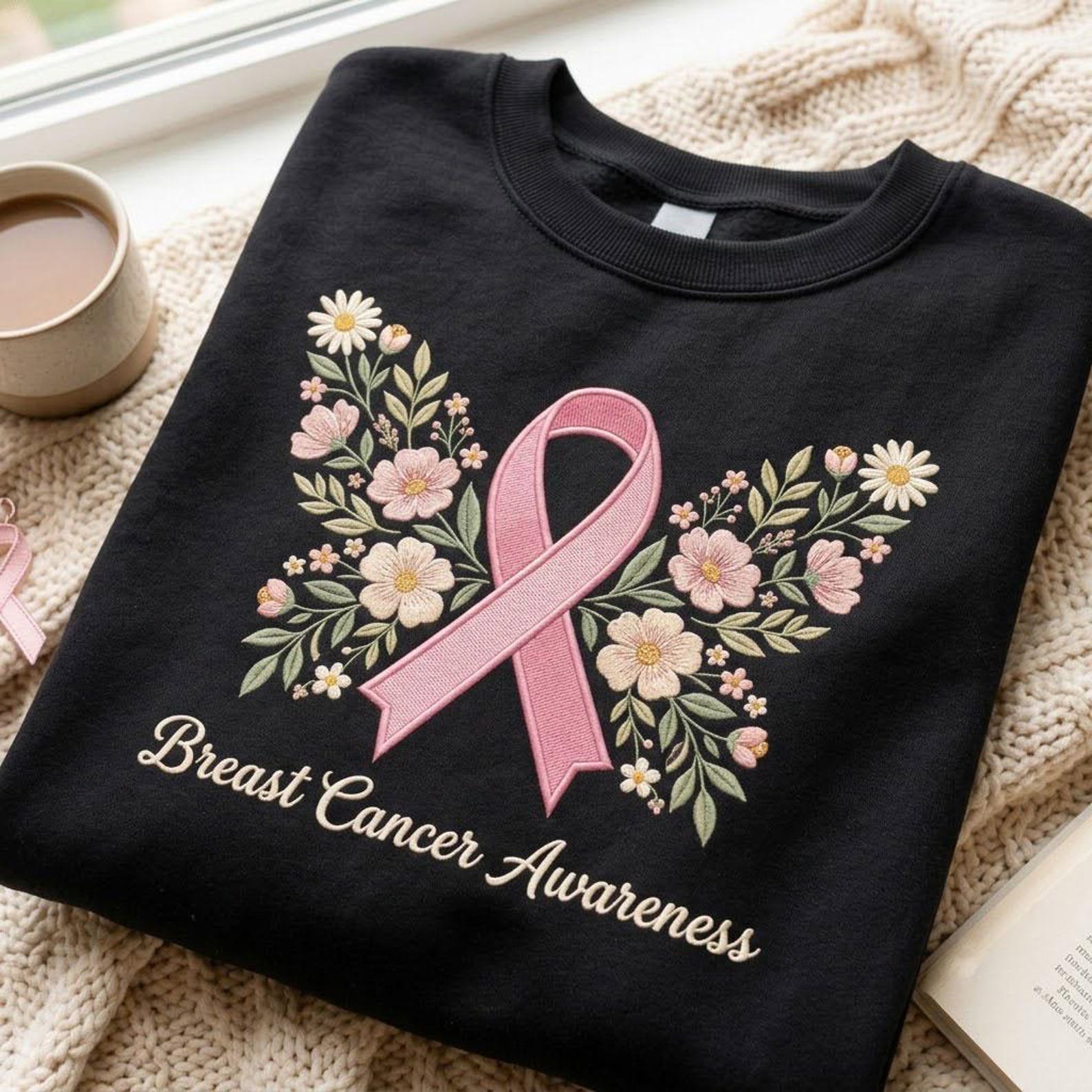 Breast Cancer Awareness Embroidered Sweatshirt, Pink Ribbon Floral Crewneck, Support Survivor Fighter Shirt, October Awareness Gift Idea 1