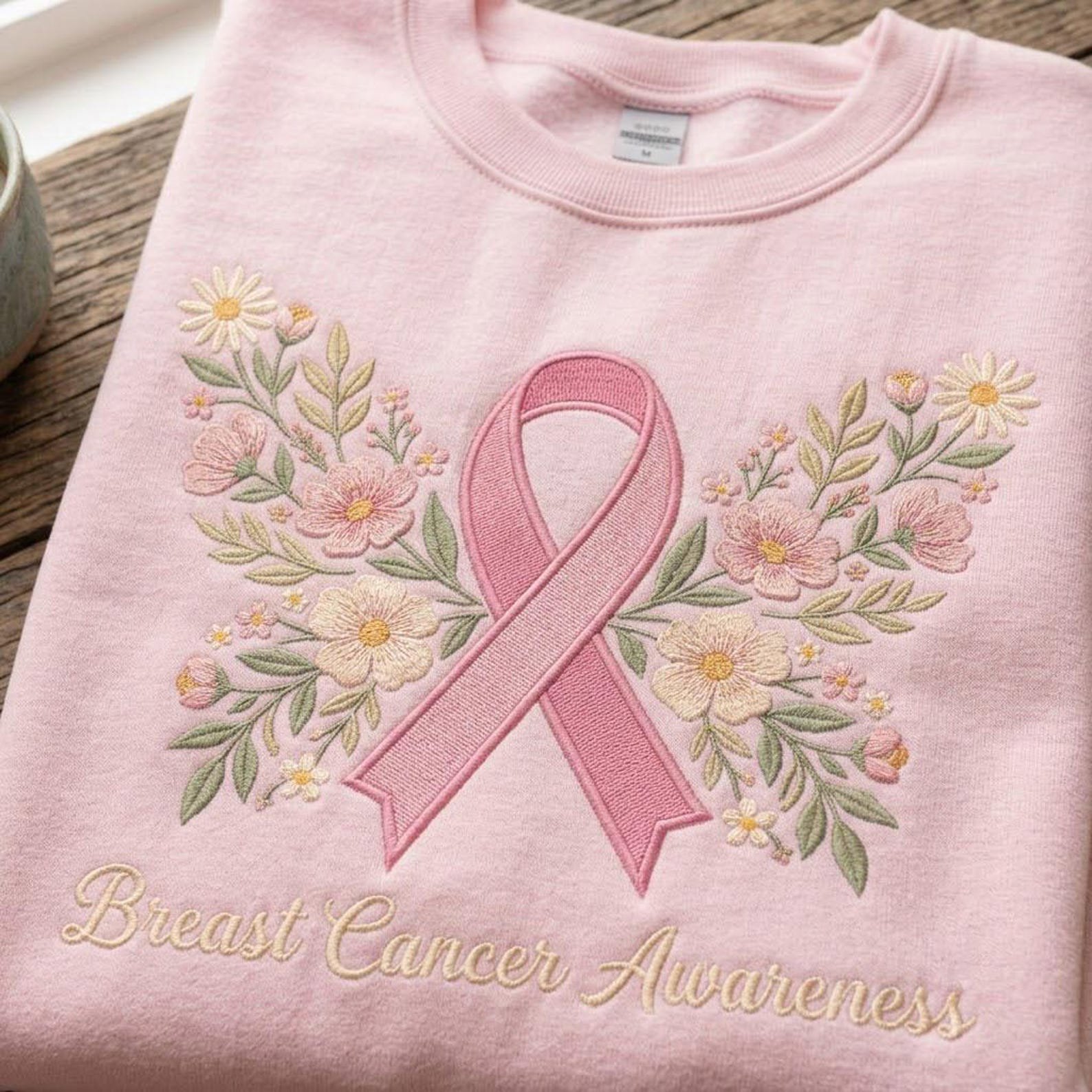 Breast Cancer Awareness Embroidered Sweatshirt, Pink Ribbon Floral Crewneck, Support Survivor Fighter Shirt, October Awareness Gift Idea 2