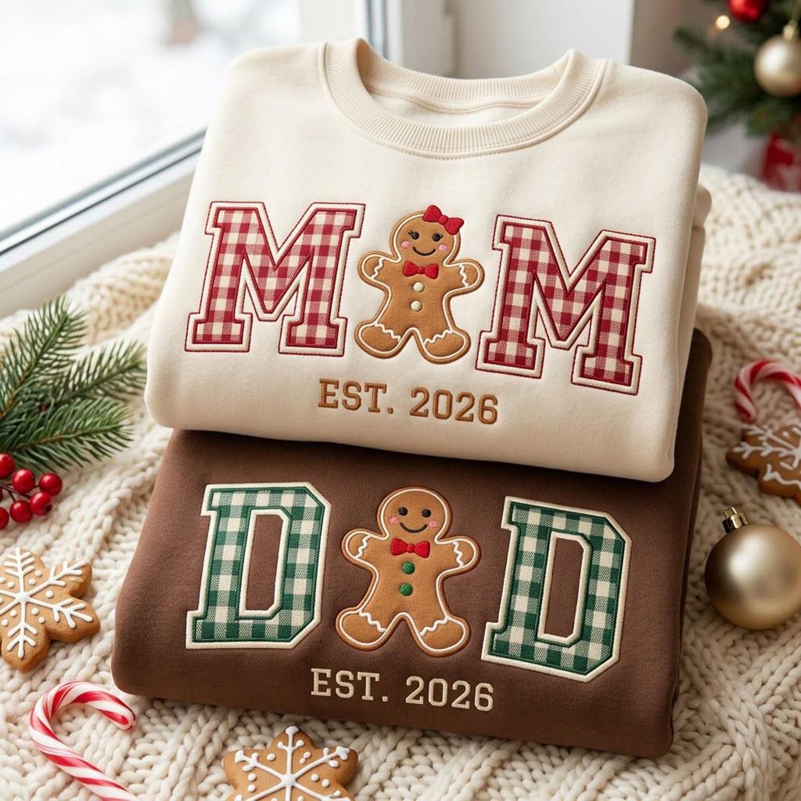 Embroidered Mom Dad Christmas Sweatshirt, Gingerbread Gingham Applique Crewneck, Matching Family Holiday Shirt, Christmas Gift 4