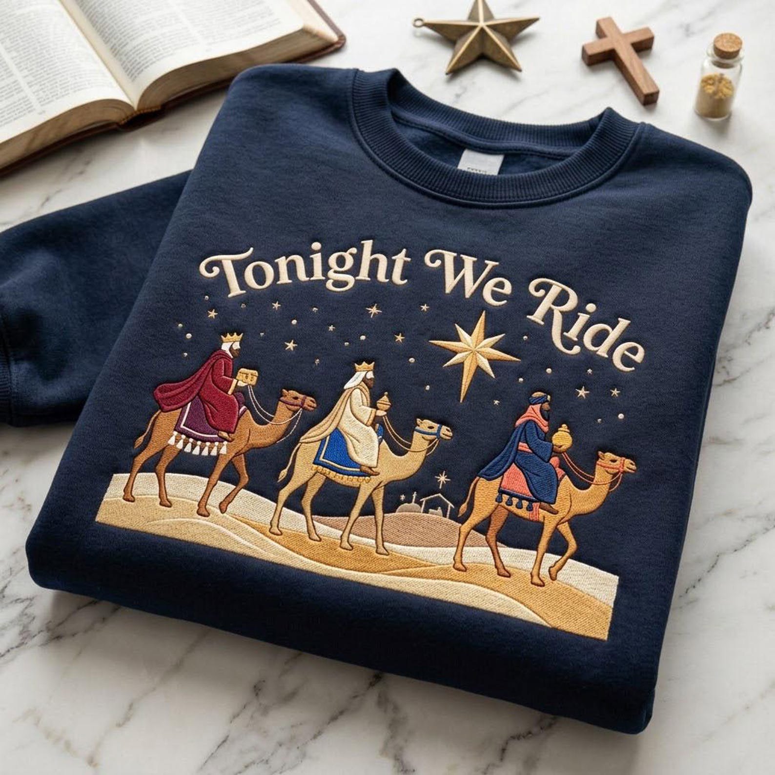 Tonight We Ride Embroidered Sweatshirt, Three Wise Men Christmas Crewneck, Nativity Magi Camel Shirt, Christian Christmas Gift 2