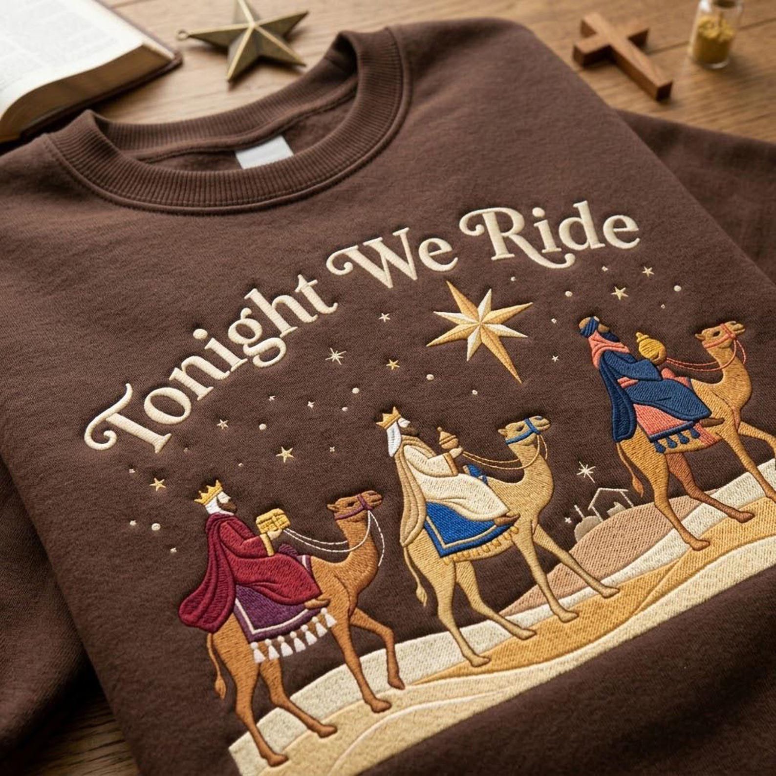 Tonight We Ride Embroidered Sweatshirt, Three Wise Men Christmas Crewneck, Nativity Magi Camel Shirt, Christian Christmas Gift 1