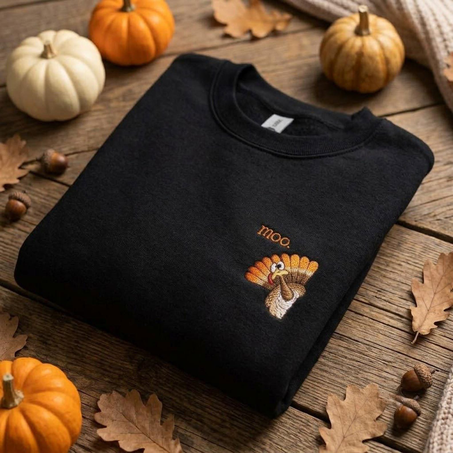 Moo Turkey Embroidered Sweatshirt, Funny Thanksgiving Crewneck, Cute Fall Design, Cozy Autumn Outfit 2