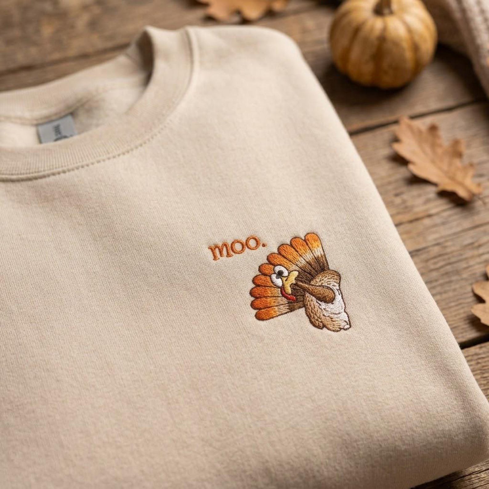 Moo Turkey Embroidered Sweatshirt, Funny Thanksgiving Crewneck, Cute Fall Design, Cozy Autumn Outfit 1