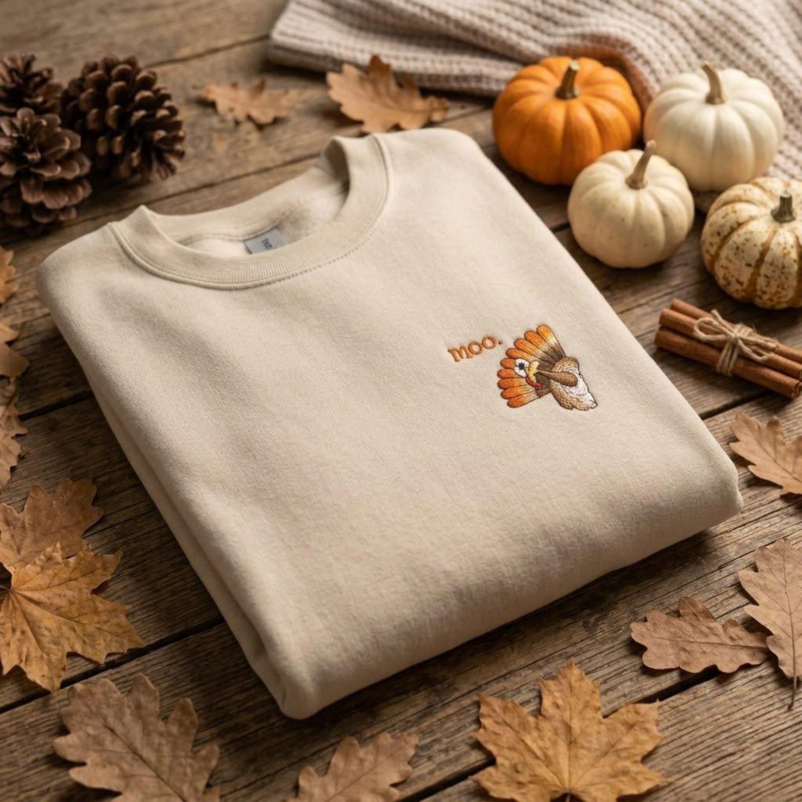 Moo Turkey Embroidered Sweatshirt, Funny Thanksgiving Crewneck, Cute Fall Design, Cozy Autumn Outfit 3