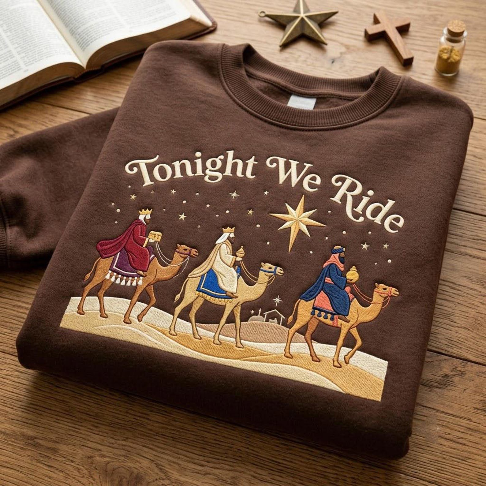 Tonight We Ride Embroidered Sweatshirt, Three Wise Men Christmas Crewneck, Nativity Magi Camel Shirt, Christian Christmas Gift 4