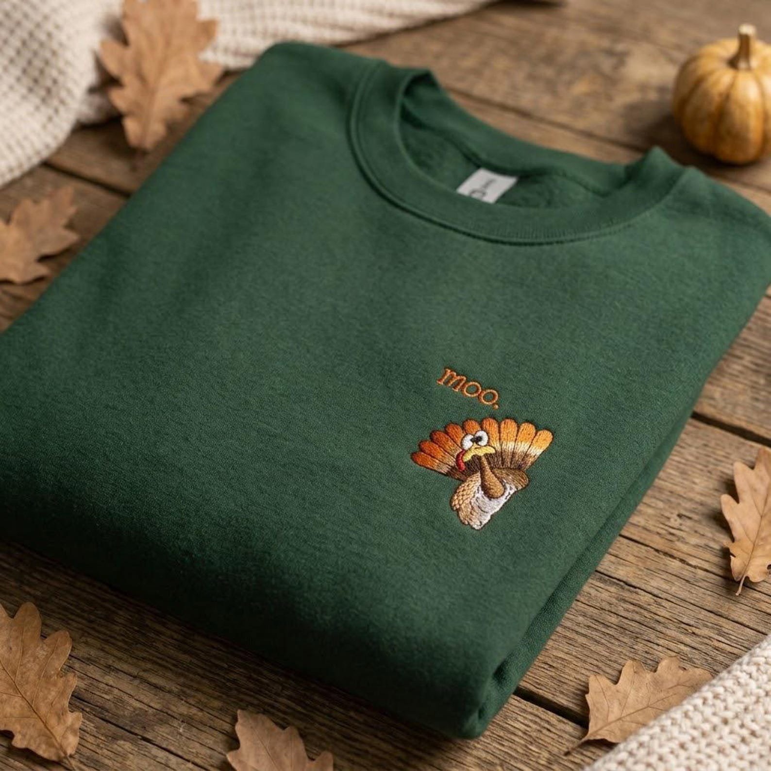 Moo Turkey Embroidered Sweatshirt, Funny Thanksgiving Crewneck, Cute Fall Design, Cozy Autumn Outfit 4
