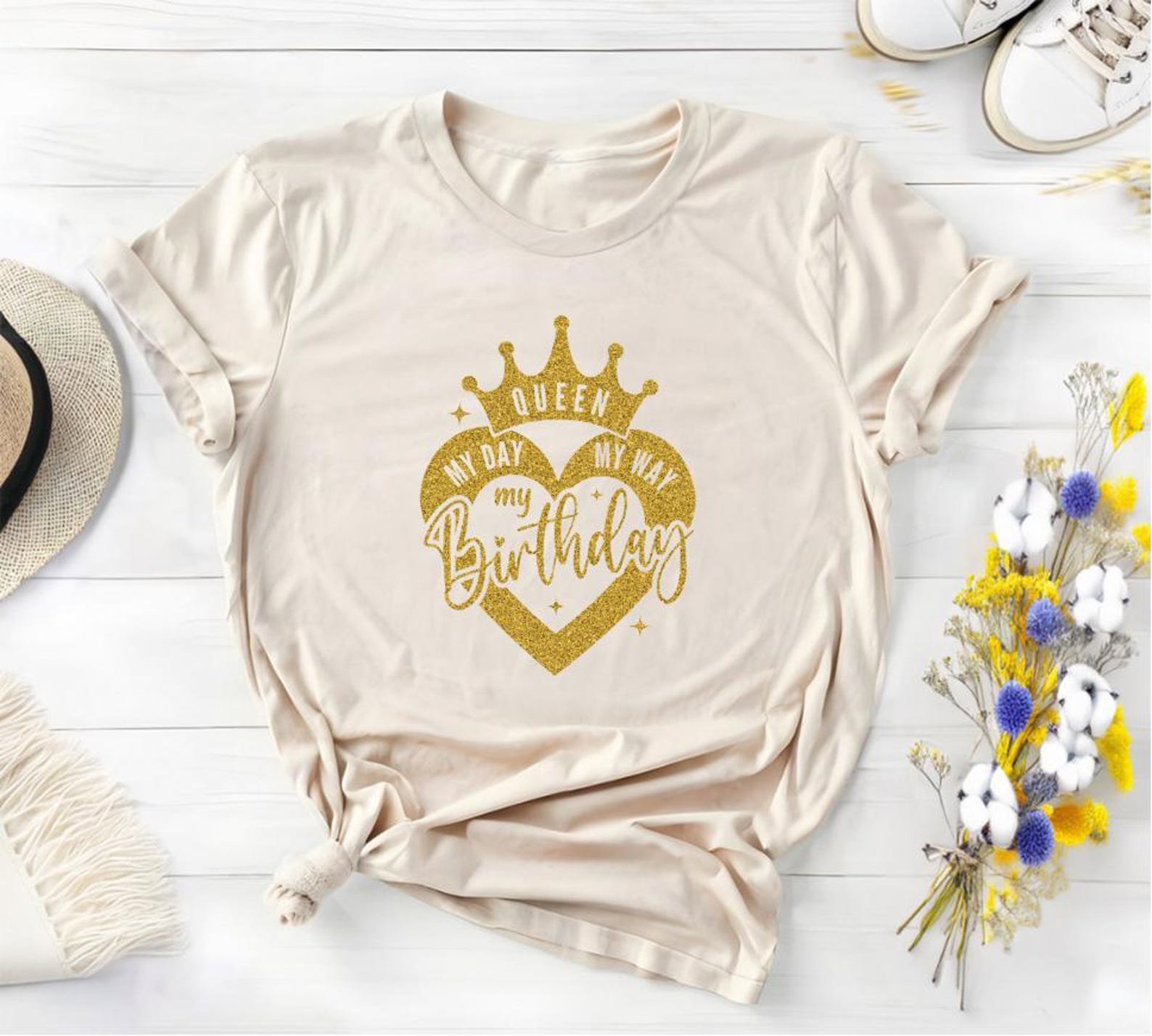 Birthday Queen Shirt: Glitter Gold Crown Tee, Women's Birthday Outfit 4