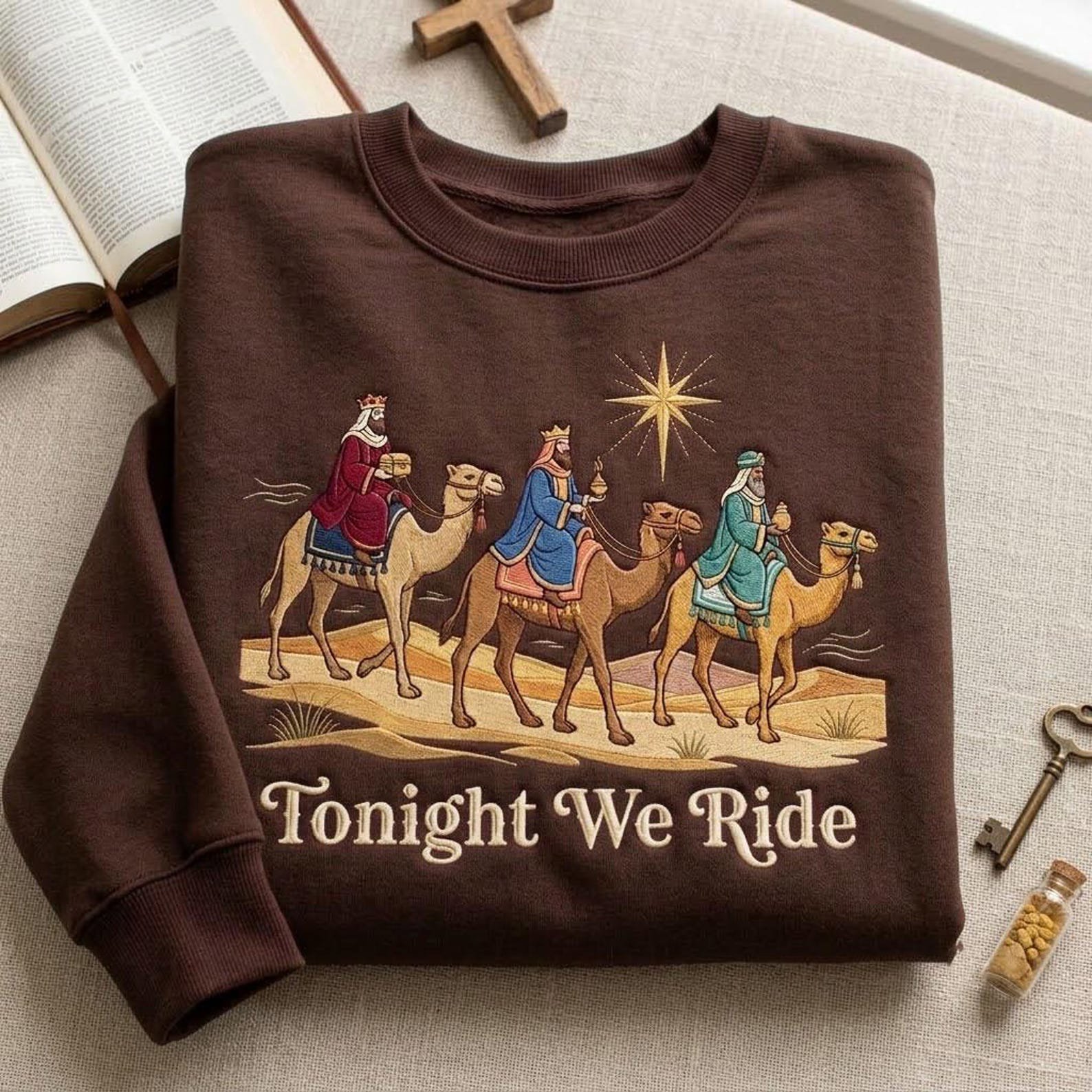 Embroidered Three Wise Men Sweatshirt, Tonight We Ride Christian Christmas Crewneck, Nativity Magi Shirt, Religious Christmas Gift 1