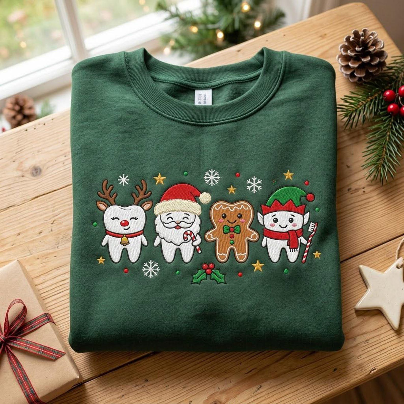 Cute Christmas Embroidered Sweatshirt, Santa Reindeer Elf Gingerbread Crewneck, Festive Holiday Character Shirt, Christmas Gift 1
