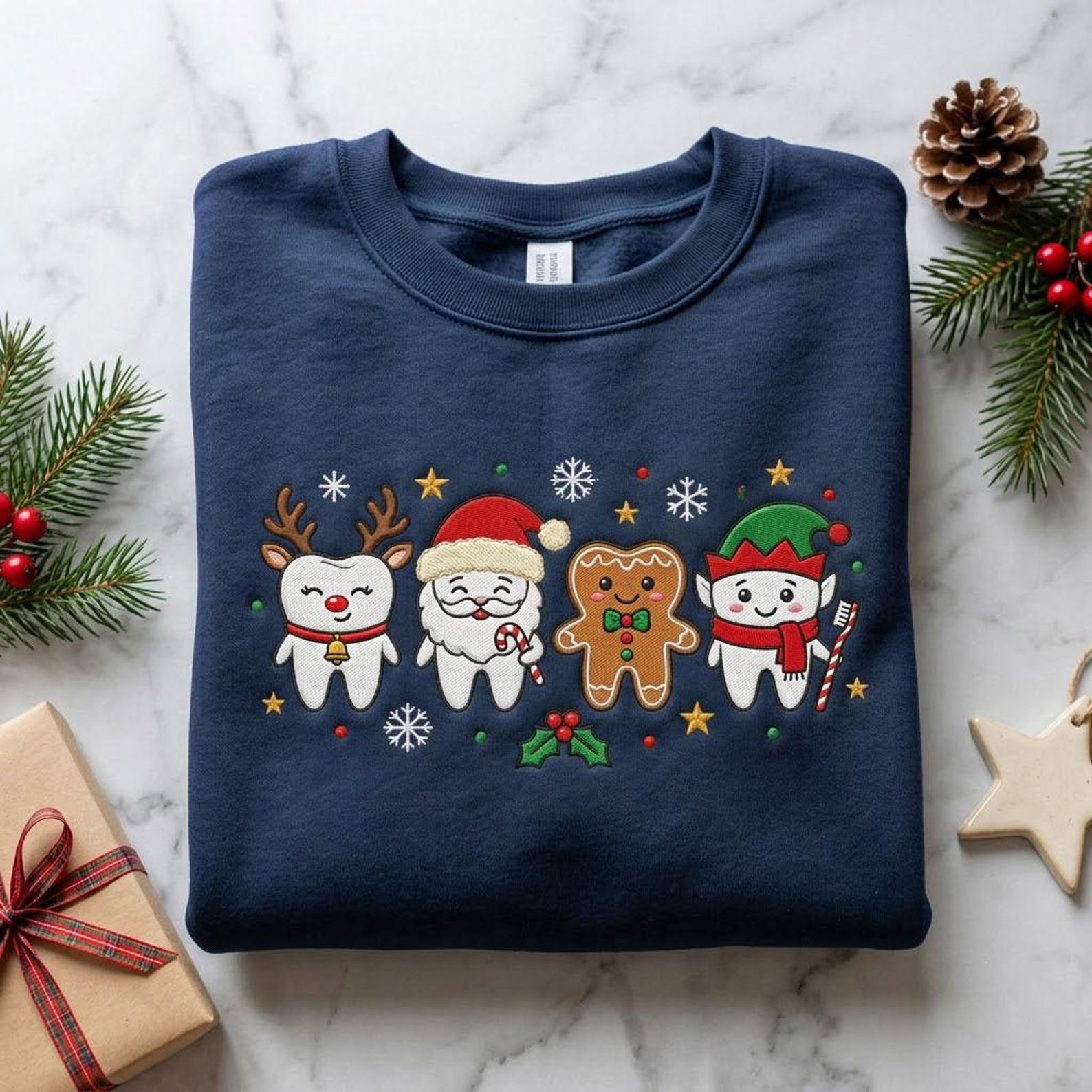 Cute Christmas Embroidered Sweatshirt, Santa Reindeer Elf Gingerbread Crewneck, Festive Holiday Character Shirt, Christmas Gift 3