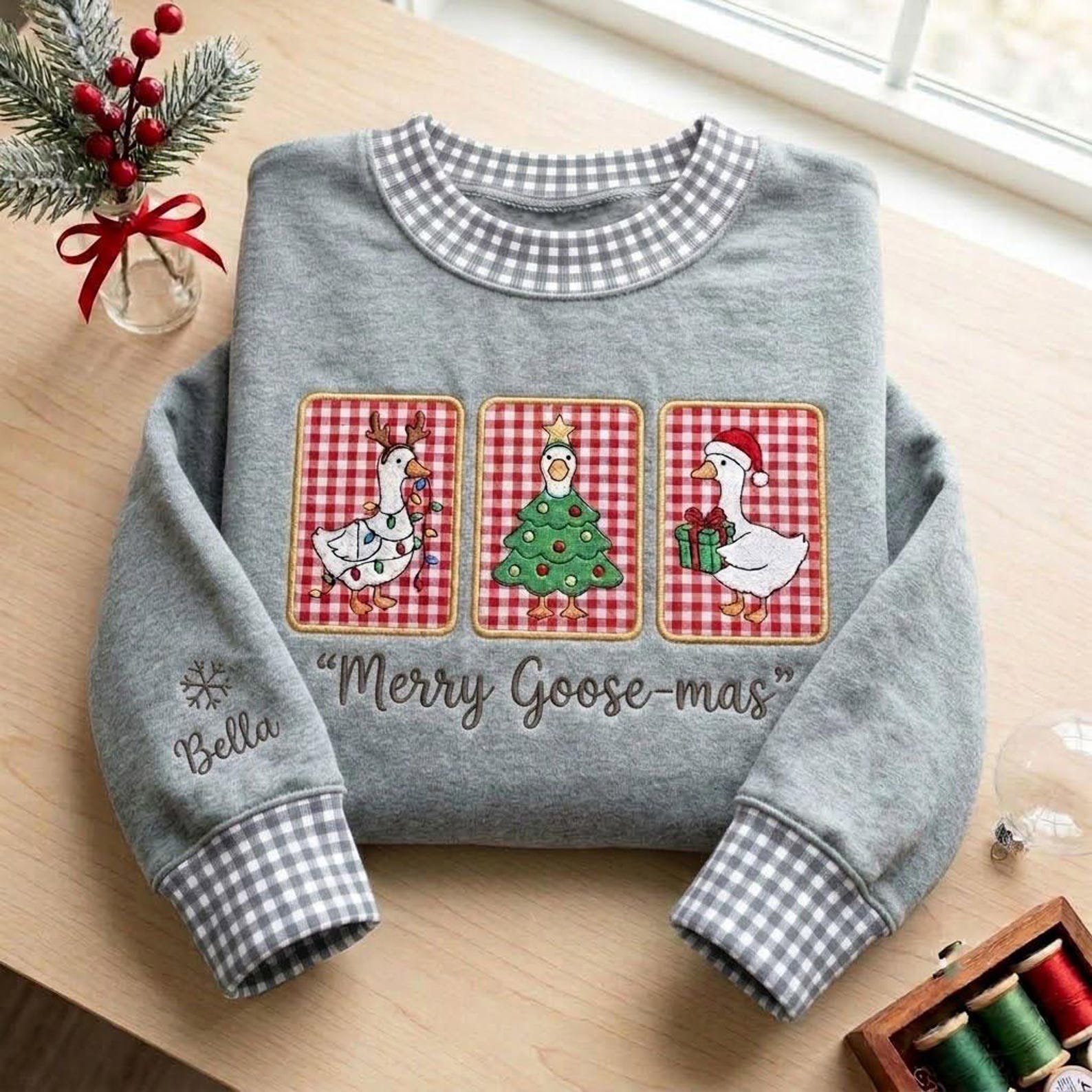 Merry Goosemas Applique Gingham Mock Neck Sweatshirt, Christmas Goose Crewneck, Personalized Holiday Goose Shirt, Festive Winter Gift 1