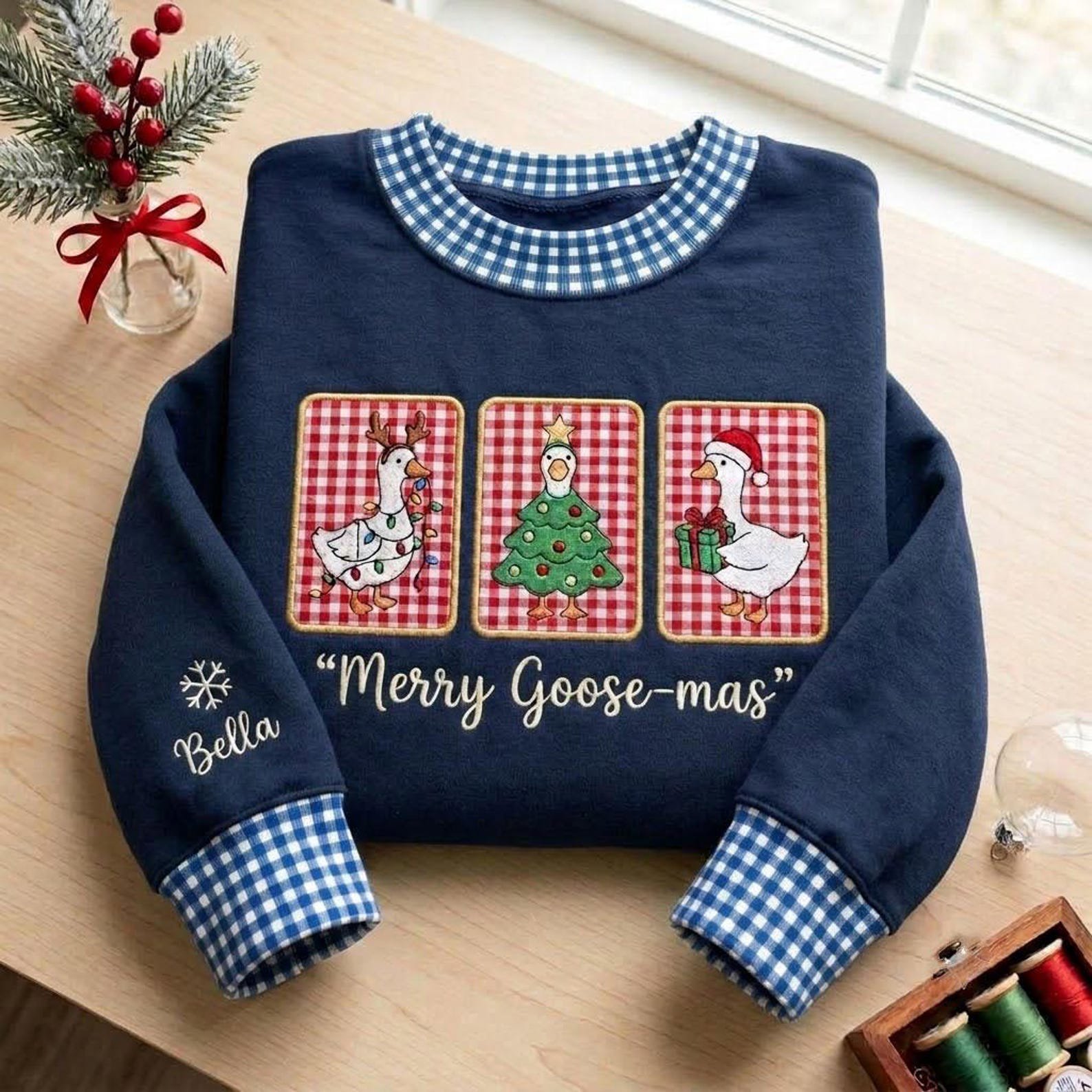 Merry Goosemas Applique Gingham Mock Neck Sweatshirt, Christmas Goose Crewneck, Personalized Holiday Goose Shirt, Festive Winter Gift 3