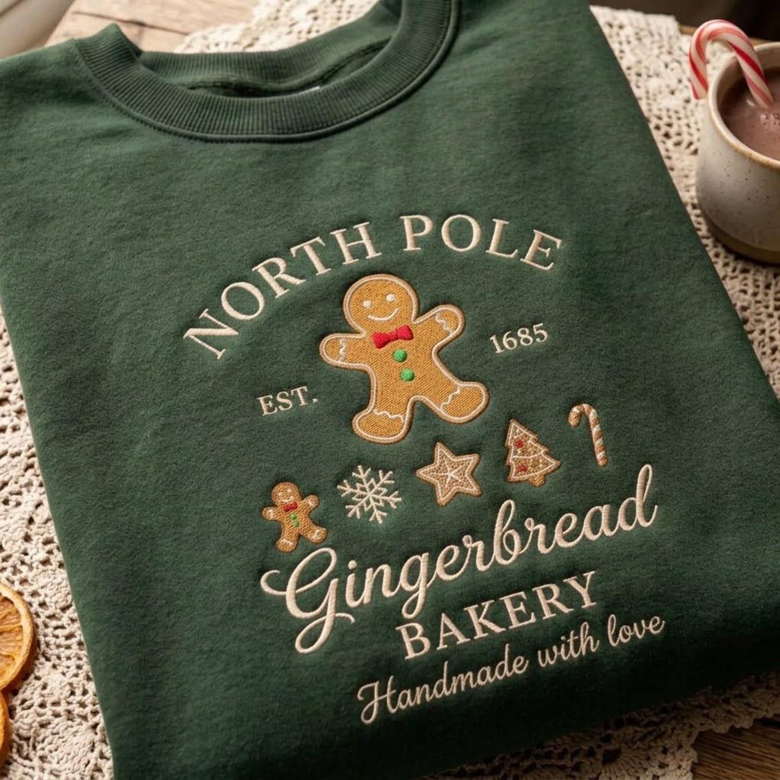 North Pole Gingerbread Bakery Embroidered Sweatshirt, Christmas Gingerbread Man Crewneck, Cute Holiday Baking Sweater, Christmas Gift 3