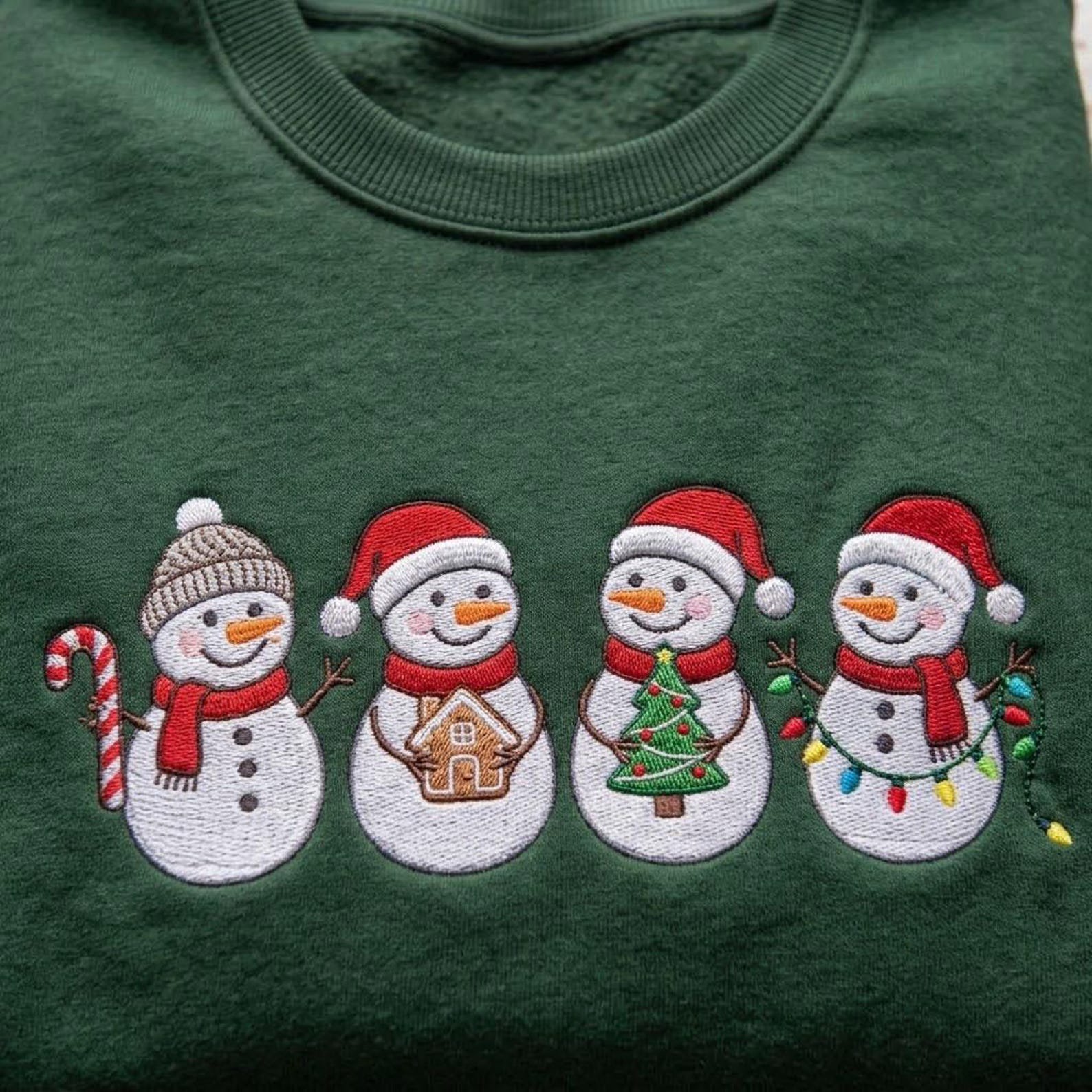 Snowman Christmas Embroidered Sweatshirt, Cute Holiday Snowmen Crewneck, Gingerbread Candy Cane Christmas Tree Winter Sweater Gift 2