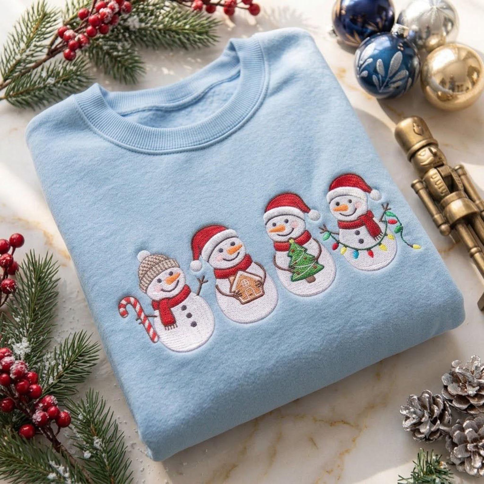 Snowman Christmas Embroidered Sweatshirt, Cute Holiday Snowmen Crewneck, Gingerbread Candy Cane Christmas Tree Winter Sweater Gift 1