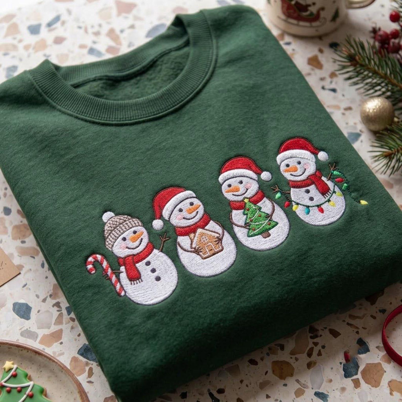 Snowman Christmas Embroidered Sweatshirt, Cute Holiday Snowmen Crewneck, Gingerbread Candy Cane Christmas Tree Winter Sweater Gift 4