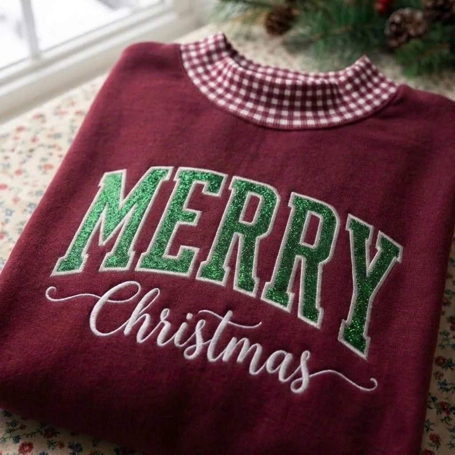 Merry Christmas Mock Neck Sweatshirt, Glitter Sweatshirt, Gingham Collar Christmas Crewneck, Embroidered Holiday Sweater, Festive Gift 3