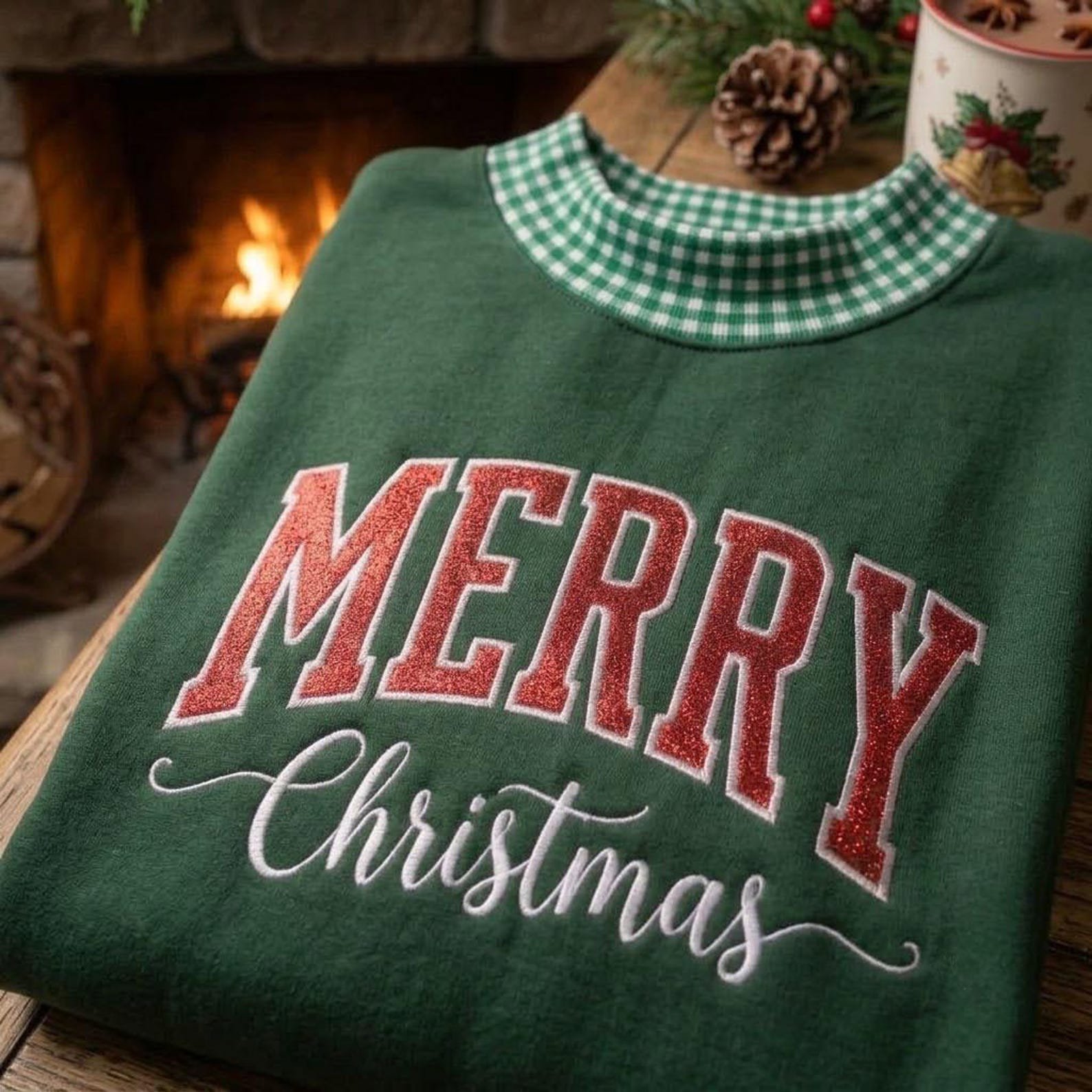 Merry Christmas Mock Neck Sweatshirt, Glitter Sweatshirt, Gingham Collar Christmas Crewneck, Embroidered Holiday Sweater, Festive Gift 1