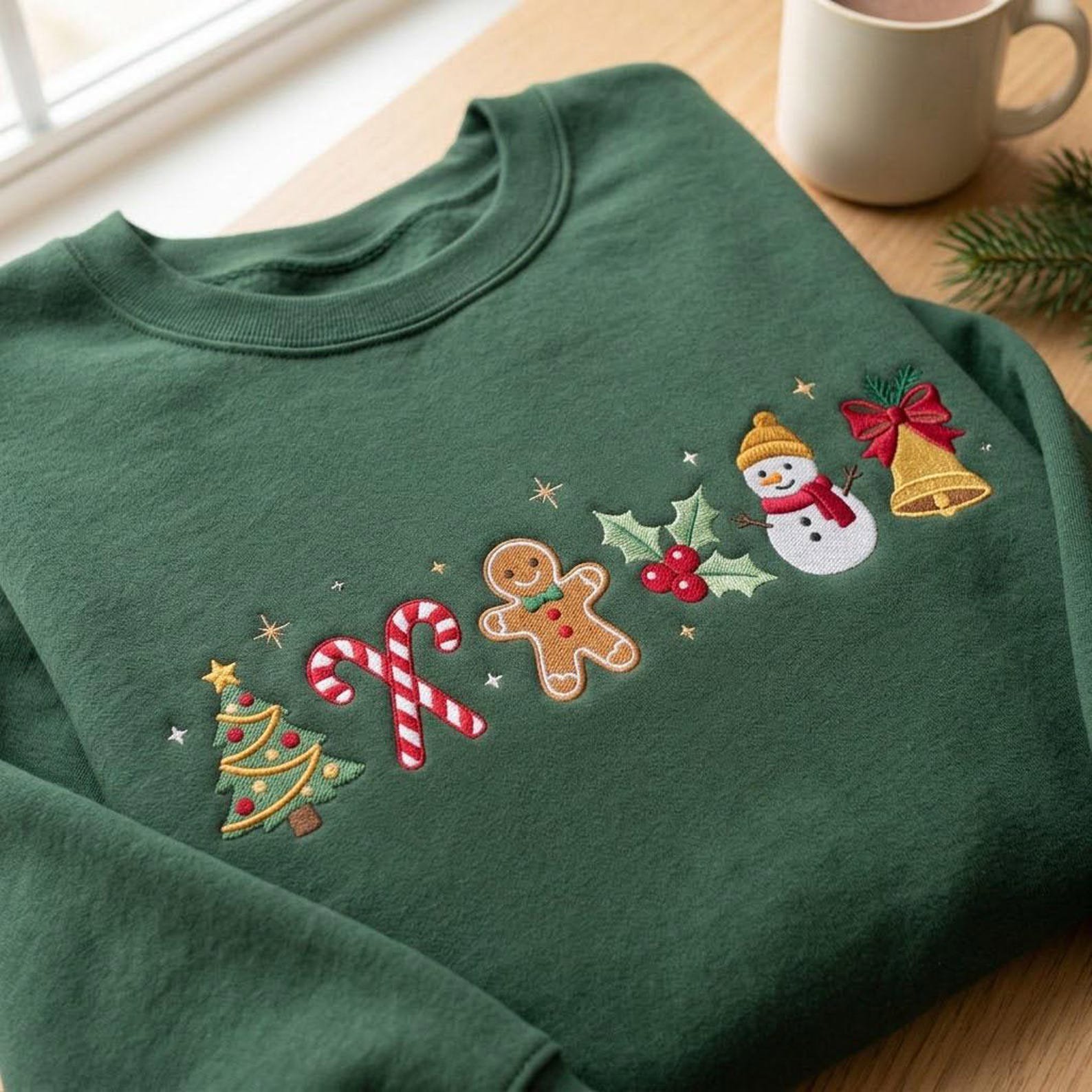 Christmas Icons Embroidered Sweatshirt, Minimal Holiday Crewneck, Gingerbread Candy Cane Snowman Christmas Tree Sweater, Cozy Xmas Gift 3