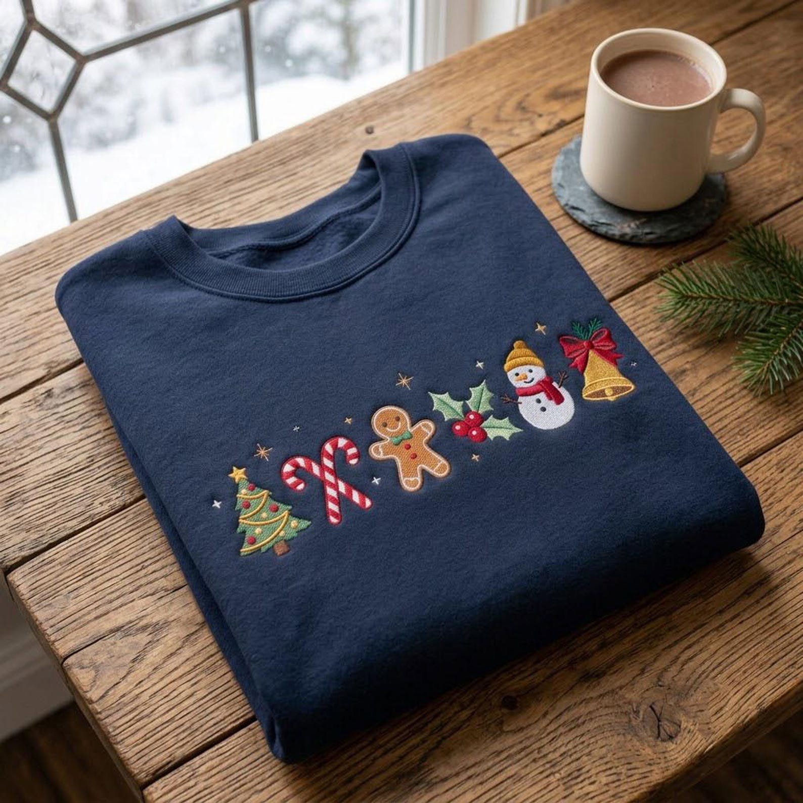 Christmas Icons Embroidered Sweatshirt, Minimal Holiday Crewneck, Gingerbread Candy Cane Snowman Christmas Tree Sweater, Cozy Xmas Gift 4