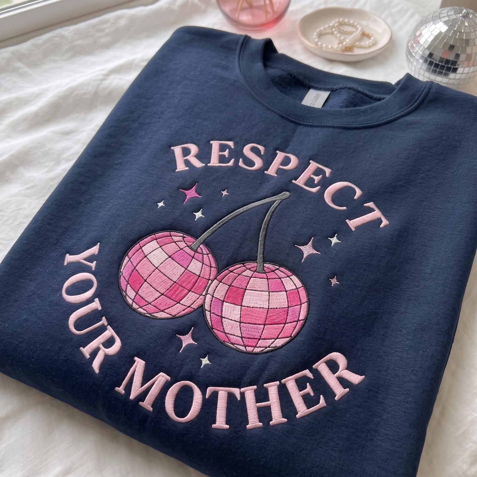 Respect Your Mother Embroidered Sweatshirt, Pink Disco Ball Shirt, Trendy Pop Concert Shirt, Cute Music Cherry Disco Ball 1