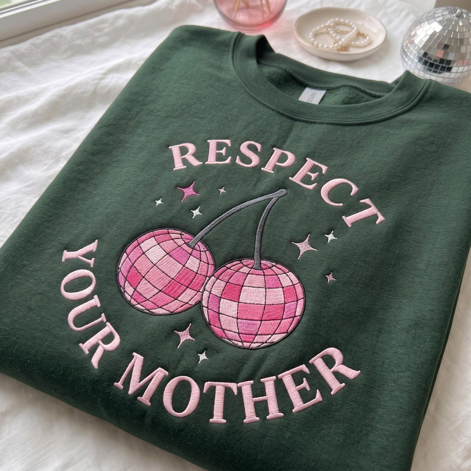 Respect Your Mother Embroidered Sweatshirt, Pink Disco Ball Shirt, Trendy Pop Concert Shirt, Cute Music Cherry Disco Ball 3