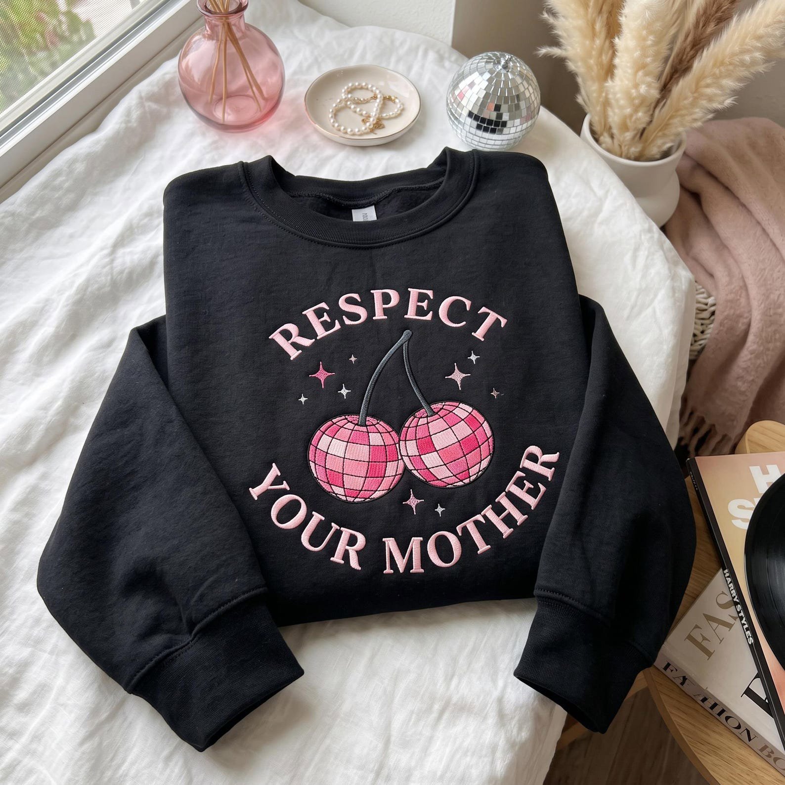 Respect Your Mother Embroidered Sweatshirt, Pink Disco Ball Shirt, Trendy Pop Concert Shirt, Cute Music Cherry Disco Ball 2