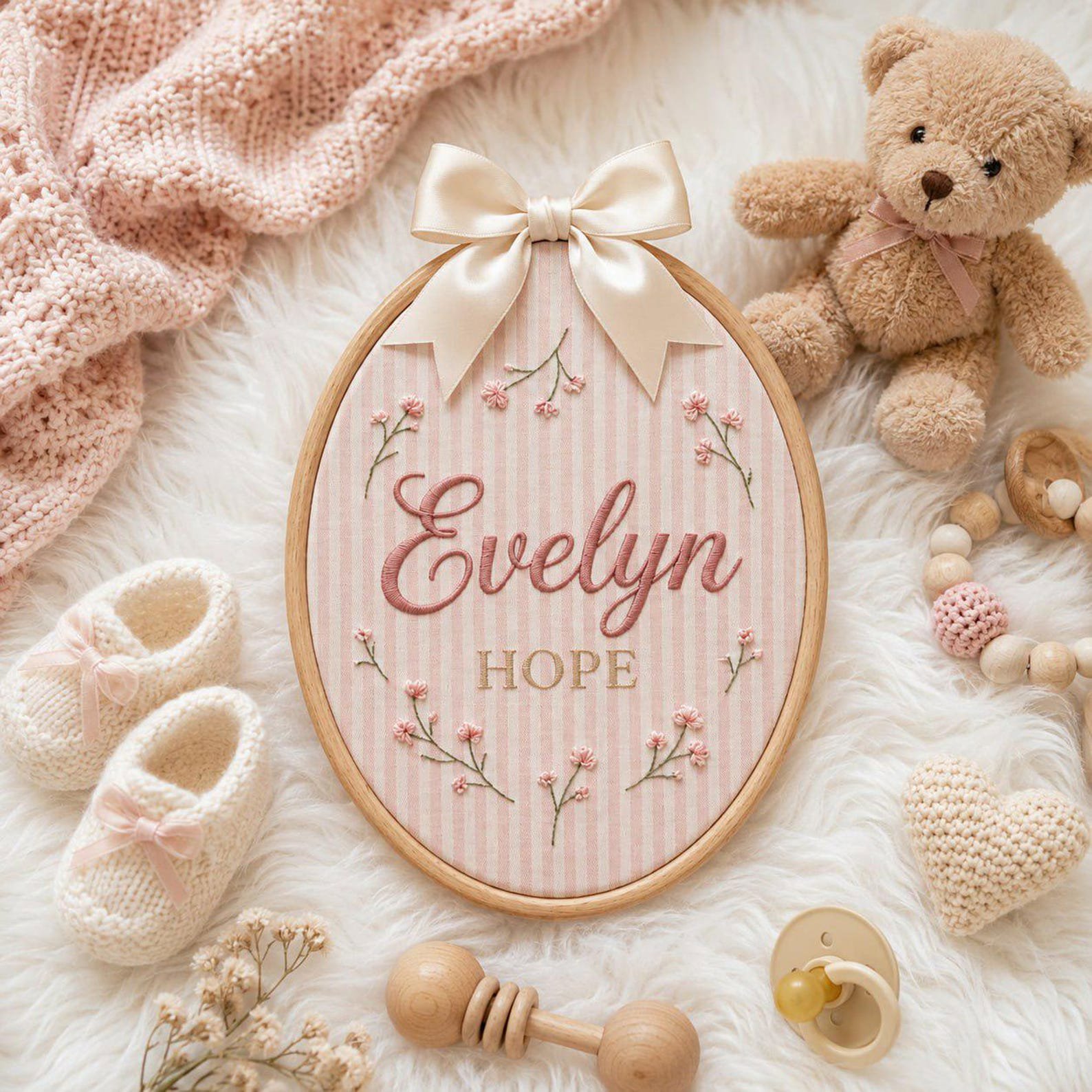 Custom Baby Name Pink Stripe Fabric Applique Hoop, Nursery Baby Room Decor, Floral Embroidered Hoop, Baby Shower Gift, Nursery Decor Gift 2