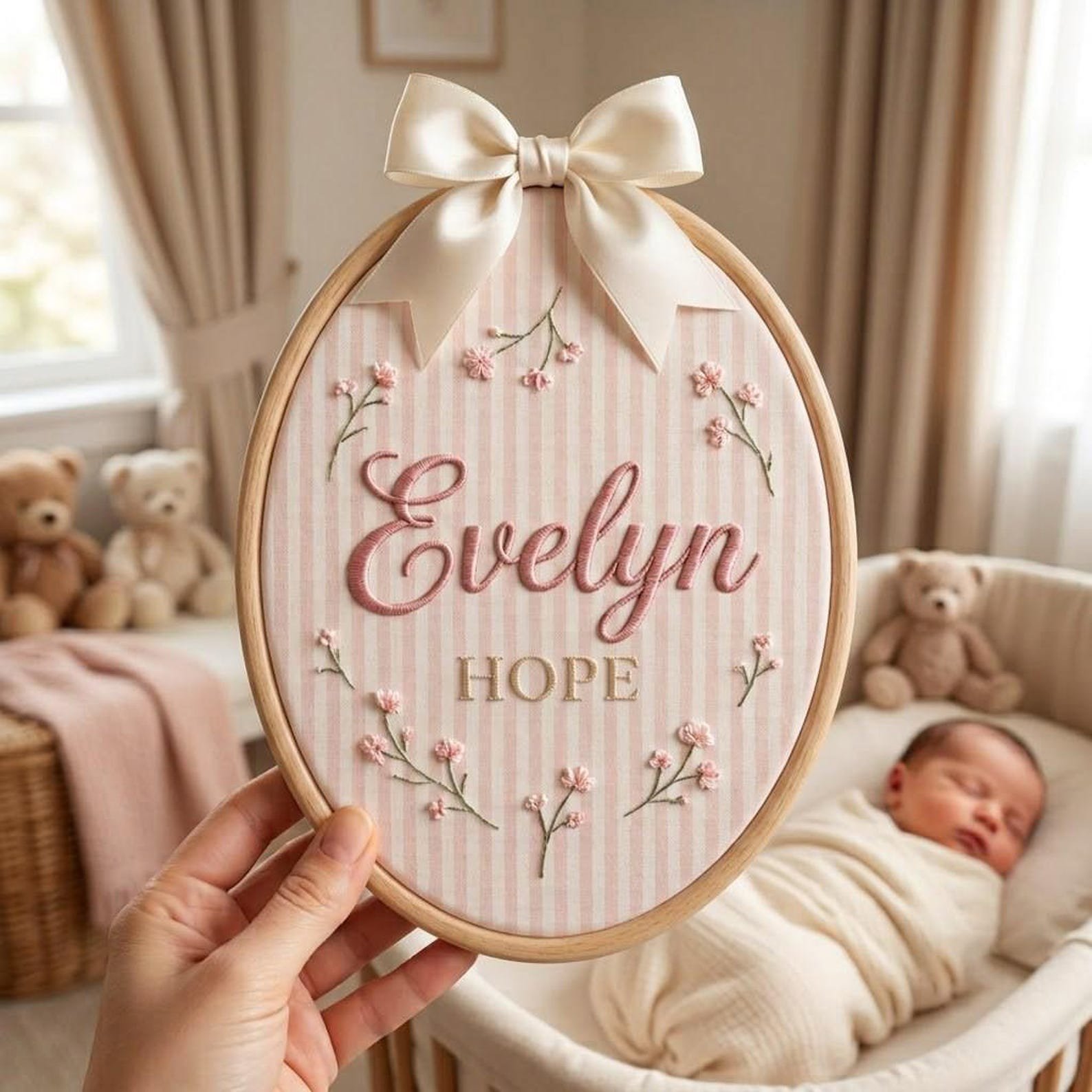 Custom Baby Name Pink Stripe Fabric Applique Hoop, Nursery Baby Room Decor, Floral Embroidered Hoop, Baby Shower Gift, Nursery Decor Gift 3