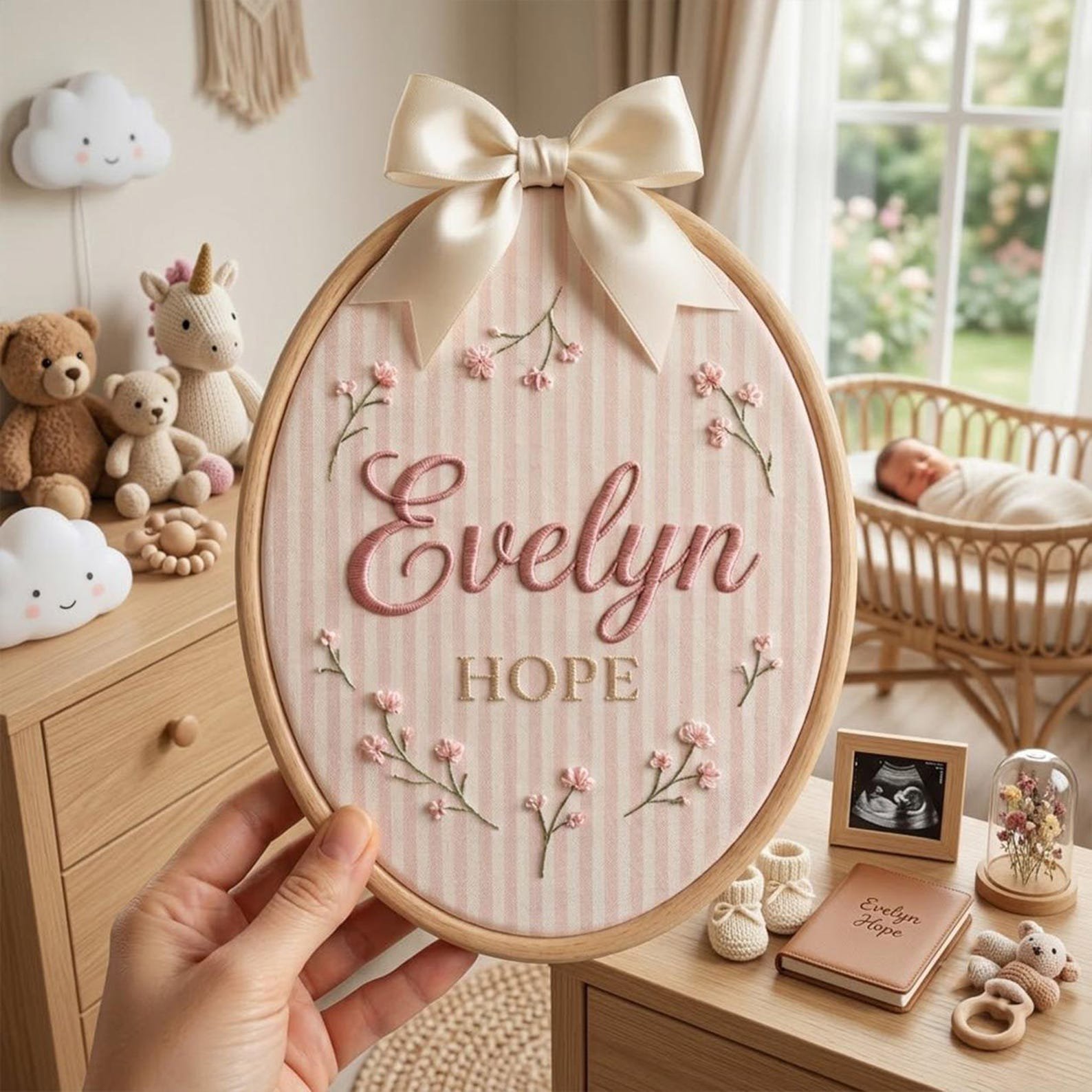 Custom Baby Name Pink Stripe Fabric Applique Hoop, Nursery Baby Room Decor, Floral Embroidered Hoop, Baby Shower Gift, Nursery Decor Gift 4