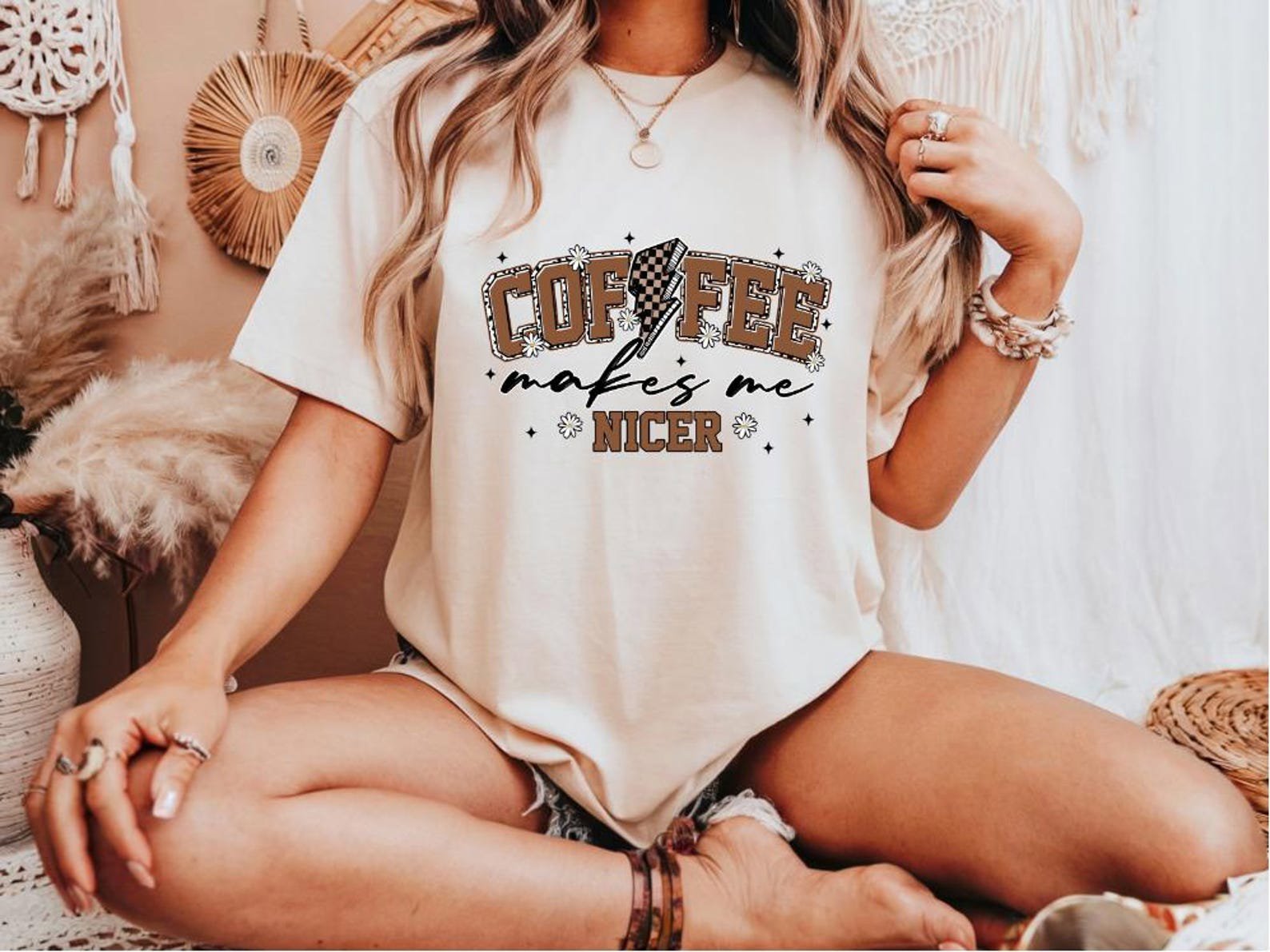 Coffee Makes Me Nicer Shirt, Retro Lightning Bolt Coffee Tee, Funny Caffeine Graphic Shirt, Daisy Cowgirl Aesthetic Gift for Her,Coffee tee 3