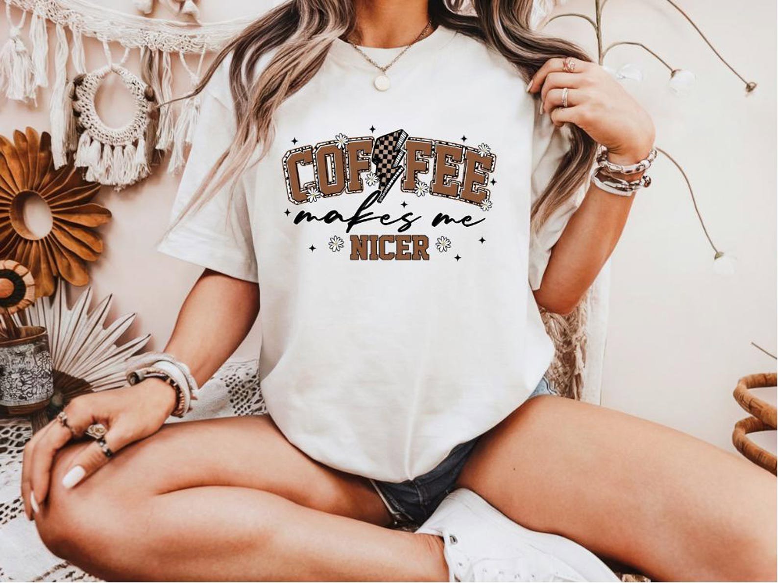 Coffee Makes Me Nicer Shirt, Retro Lightning Bolt Coffee Tee, Funny Caffeine Graphic Shirt, Daisy Cowgirl Aesthetic Gift for Her,Coffee tee 1