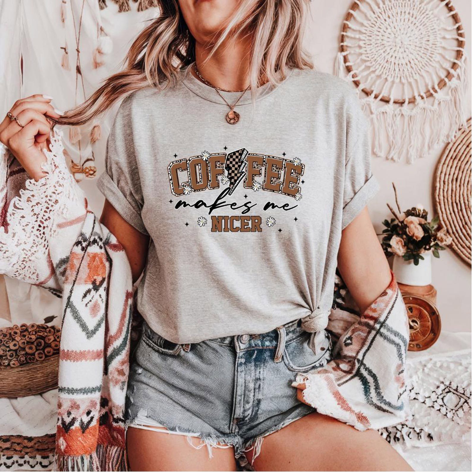 Coffee Makes Me Nicer Shirt, Retro Lightning Bolt Coffee Tee, Funny Caffeine Graphic Shirt, Daisy Cowgirl Aesthetic Gift for Her,Coffee tee 2