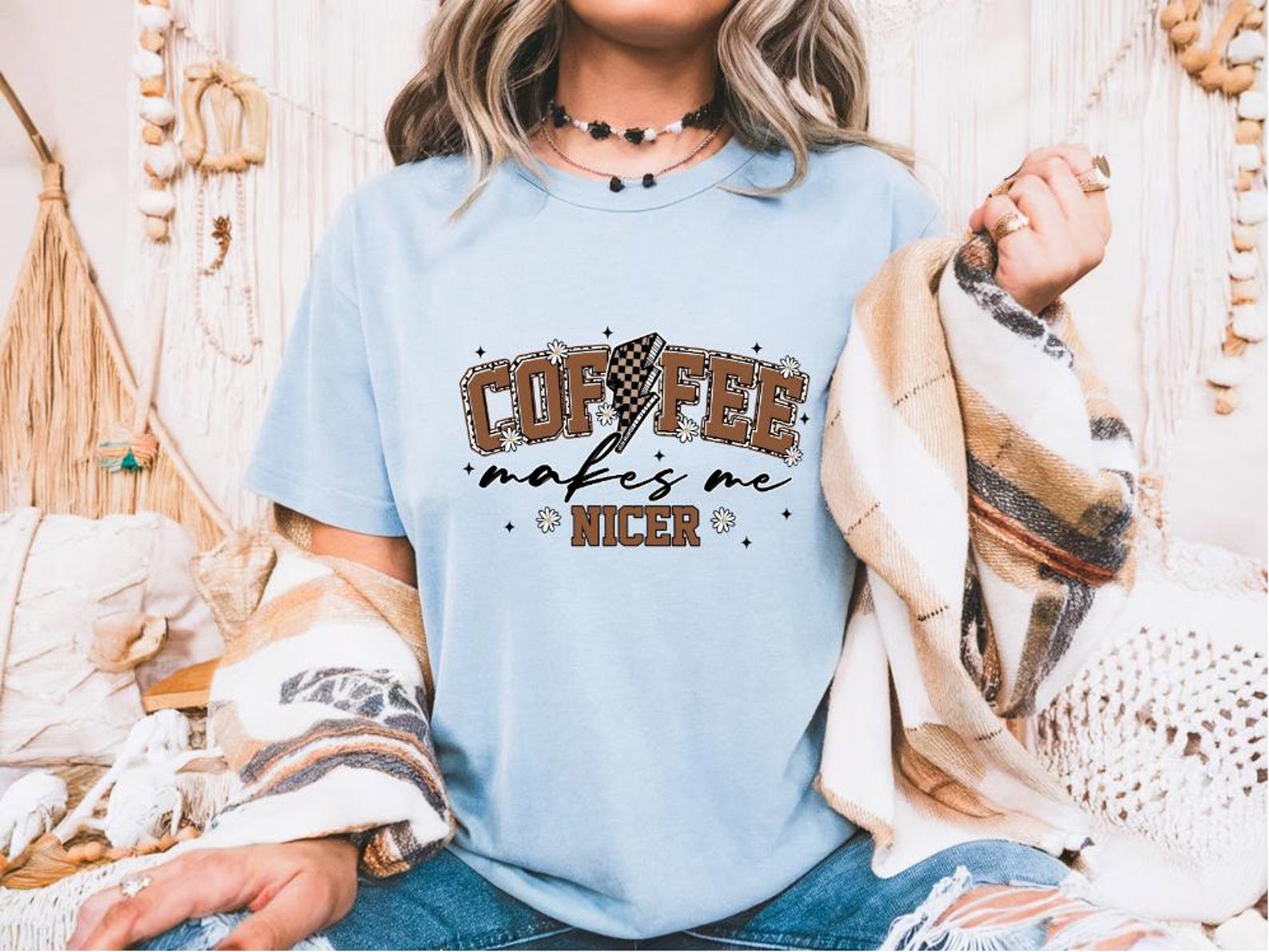 Coffee Makes Me Nicer Shirt, Retro Lightning Bolt Coffee Tee, Funny Caffeine Graphic Shirt, Daisy Cowgirl Aesthetic Gift for Her,Coffee tee 4