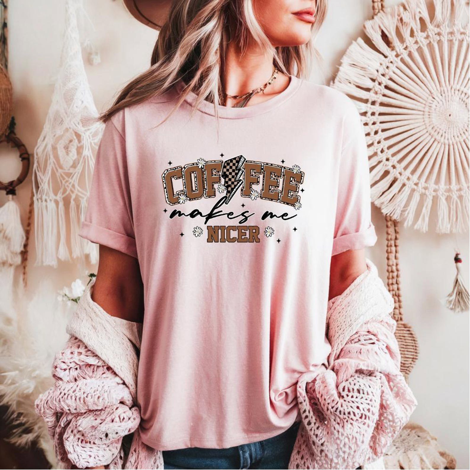 Coffee Makes Me Nicer Shirt, Retro Lightning Bolt Coffee Tee, Funny Caffeine Graphic Shirt, Daisy Cowgirl Aesthetic Gift for Her,Coffee tee 5