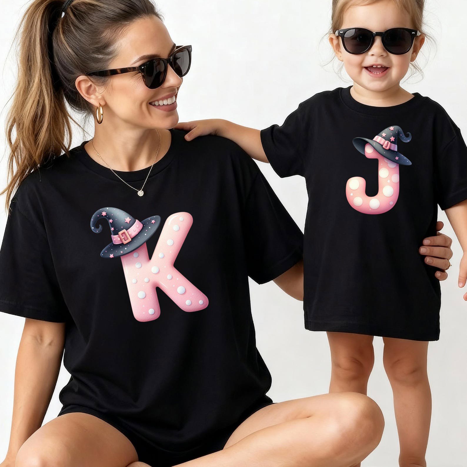 Personalized Pink Witch Hat Monogram Shirt, Halloween Family Matching Outfit 2