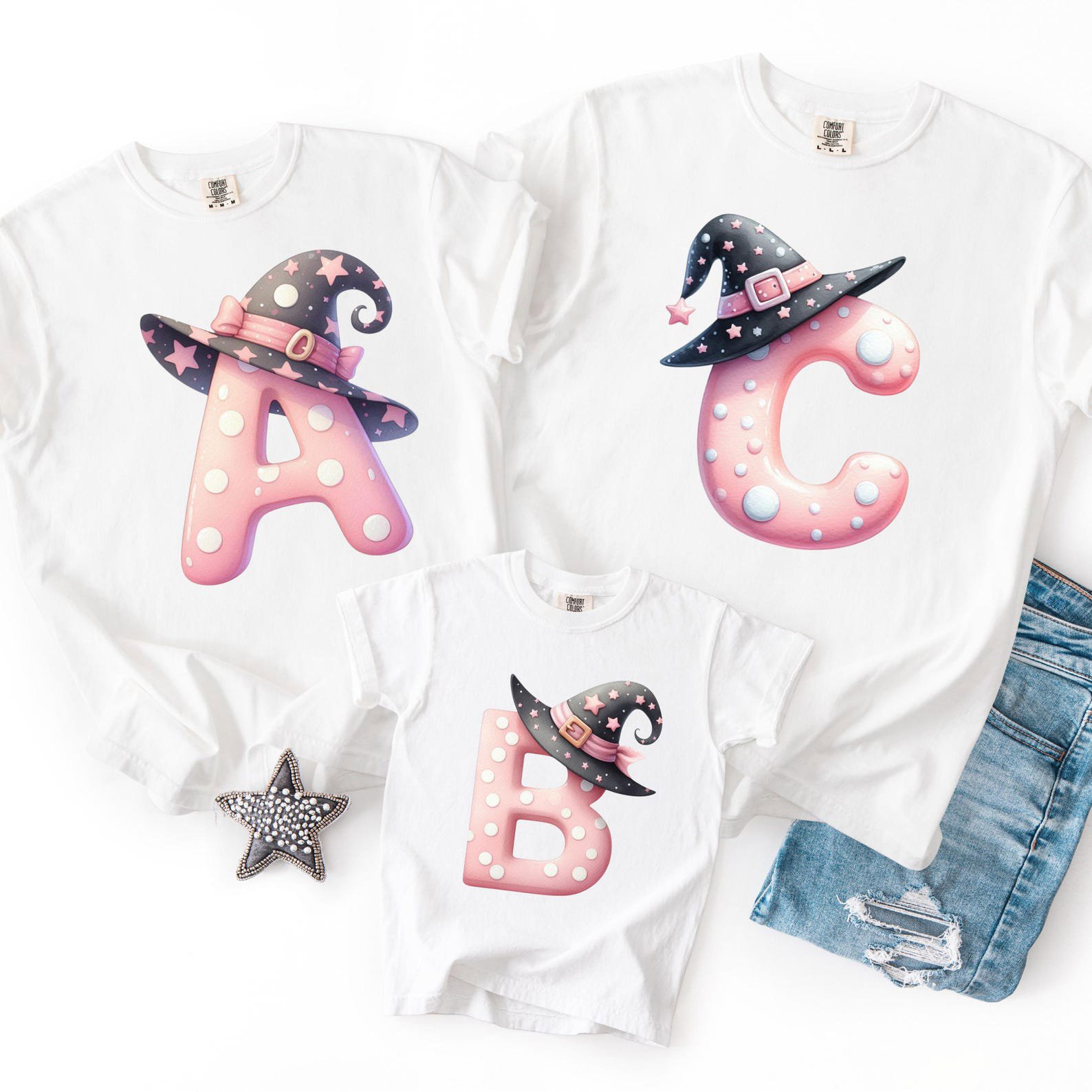 Personalized Pink Witch Hat Monogram Shirt, Halloween Family Matching Outfit 1