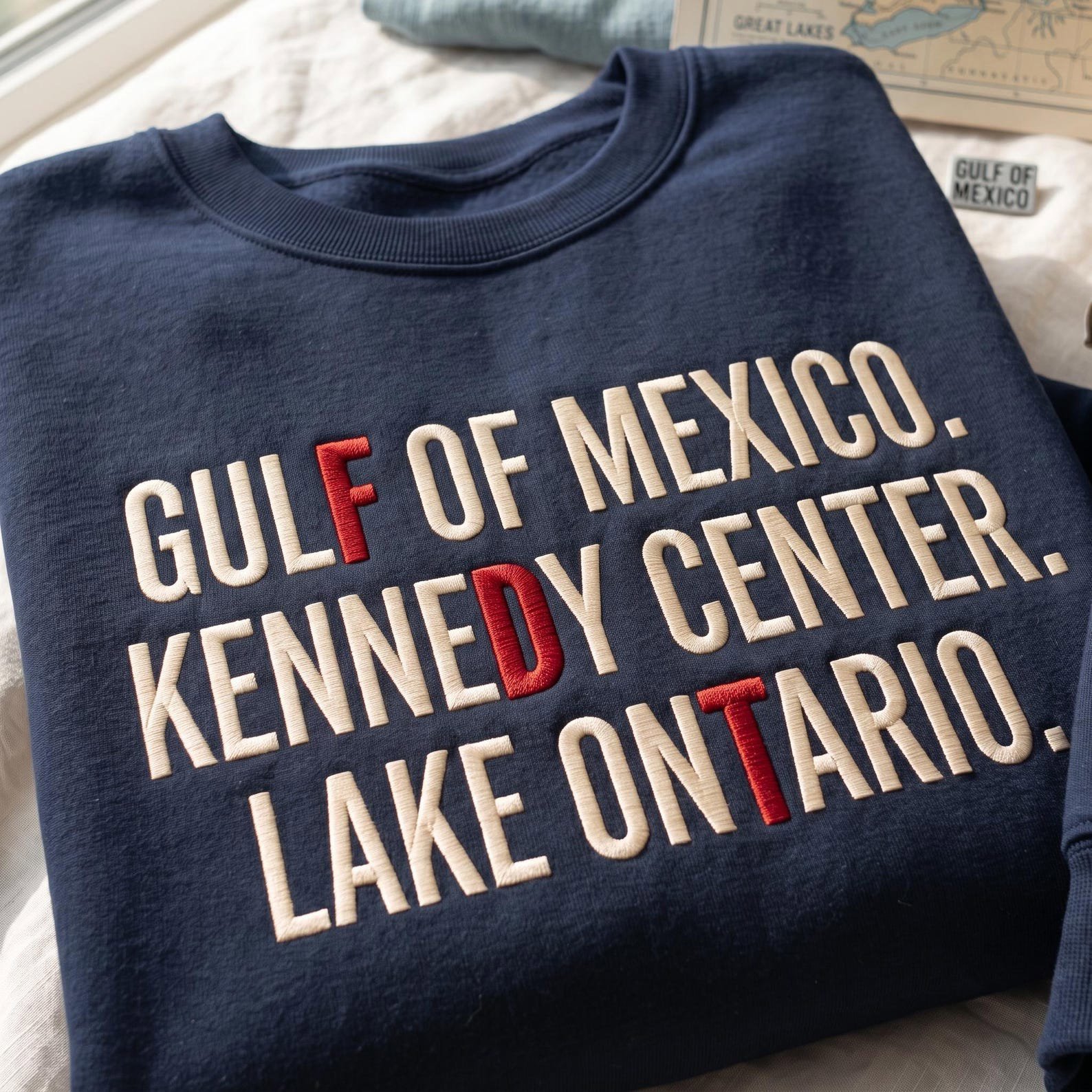 Embroidered Gulf of Mexico Kennedy Center Lake Ontario Sweatshirt, Geography Humor Shirt, Meme Gift, Funny Political Satire Shirt 1