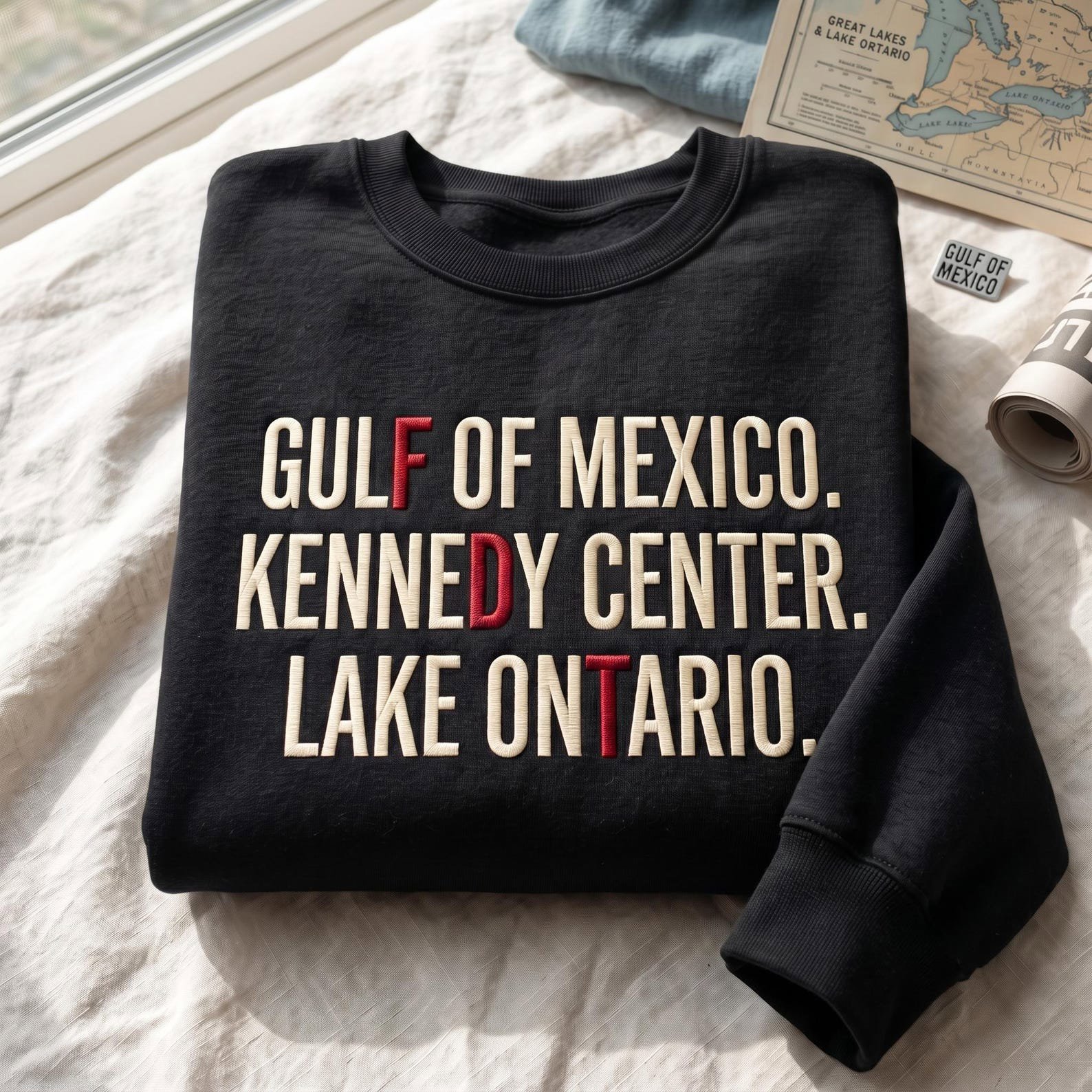 Embroidered Gulf of Mexico Kennedy Center Lake Ontario Sweatshirt, Geography Humor Shirt, Meme Gift, Funny Political Satire Shirt 2