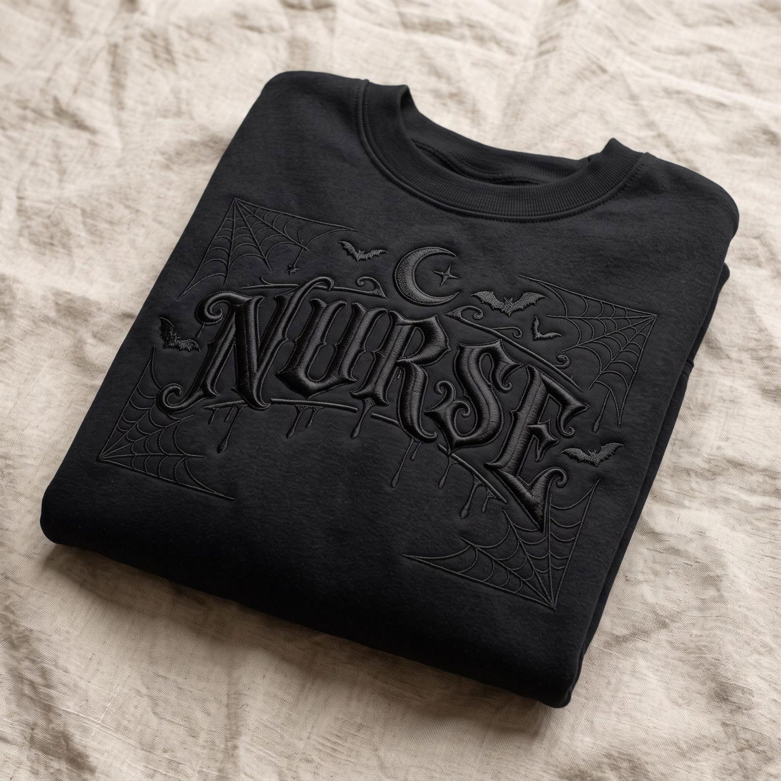 Gothic Nurse Embroidered Sweatshirt, Spooky Halloween Crewneck with Bats Moon and Spider Webs, Cute Nursing Gift Idea for Medical Workers 2