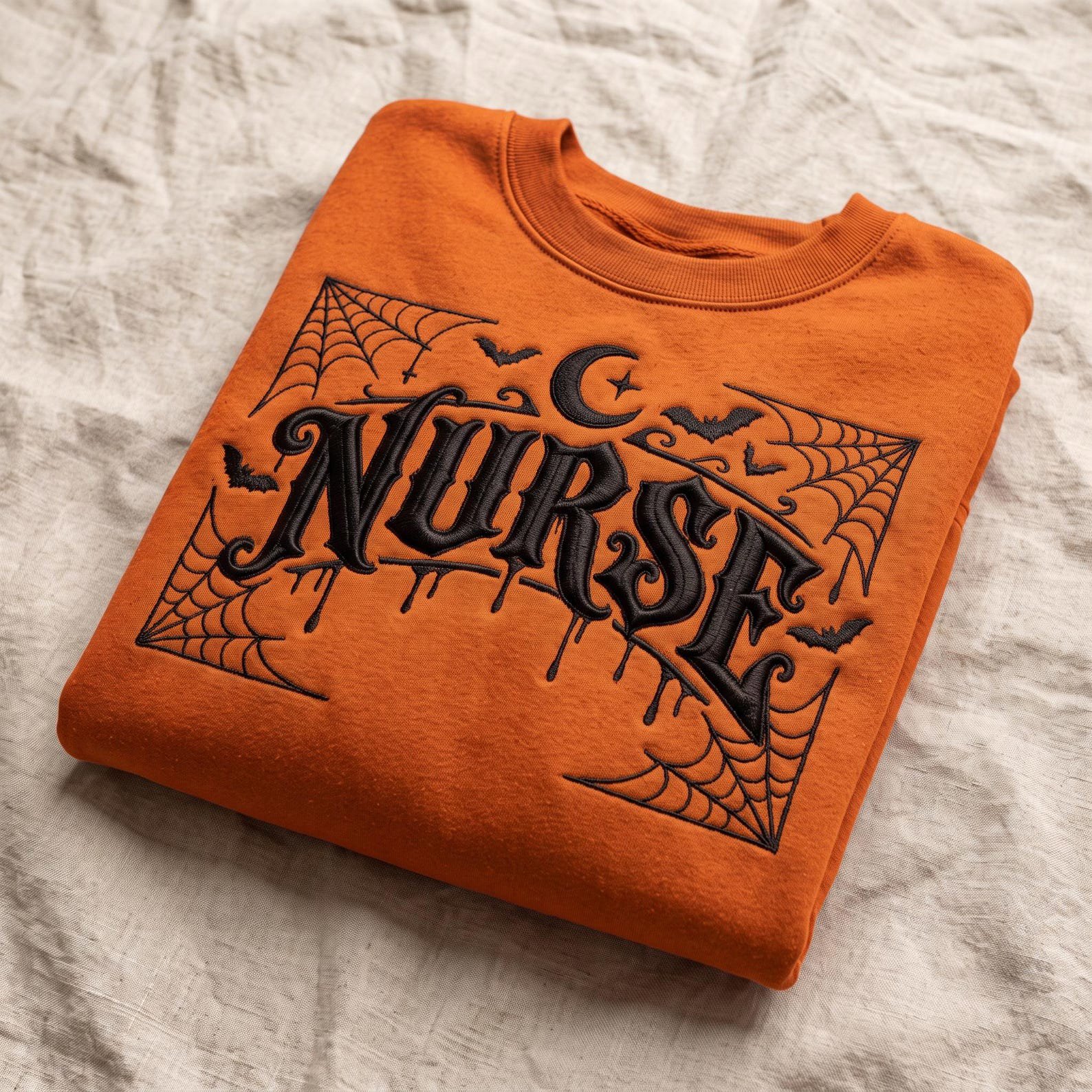 Gothic Nurse Embroidered Sweatshirt, Spooky Halloween Crewneck with Bats Moon and Spider Webs, Cute Nursing Gift Idea for Medical Workers 1