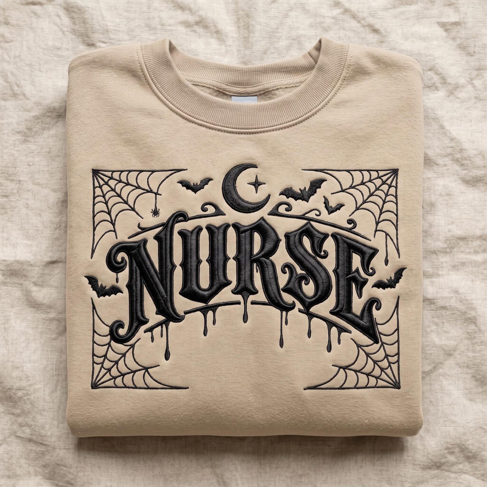 Gothic Nurse Embroidered Sweatshirt, Spooky Halloween Crewneck with Bats Moon and Spider Webs, Cute Nursing Gift Idea for Medical Workers 3