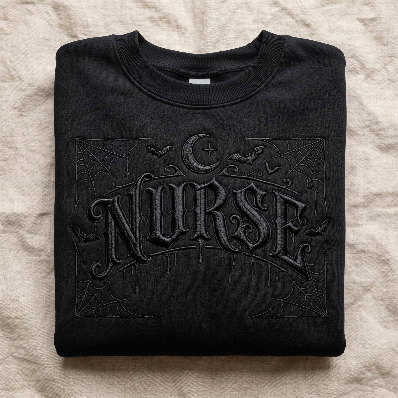 Gothic Nurse Embroidered Sweatshirt, Spooky Halloween Crewneck with Bats Moon and Spider Webs, Cute Nursing Gift Idea for Medical Workers 4