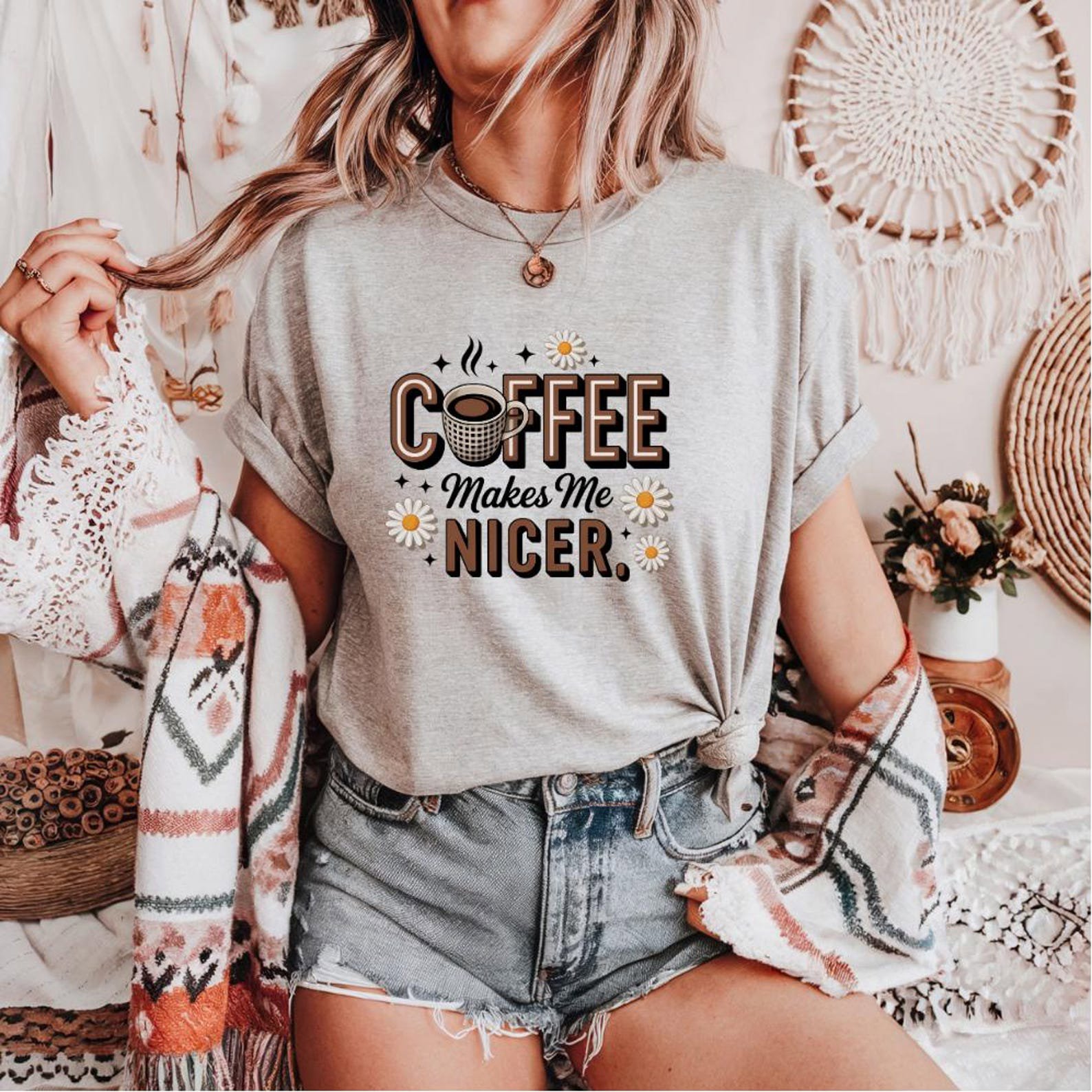 Coffee Makes Me Nicer Shirt, Cute Coffee Lover Graphic Tee with Daisies, Funny Caffeine Quote Shirt, Morning Mood Gift for Her,Coffee Lover 2