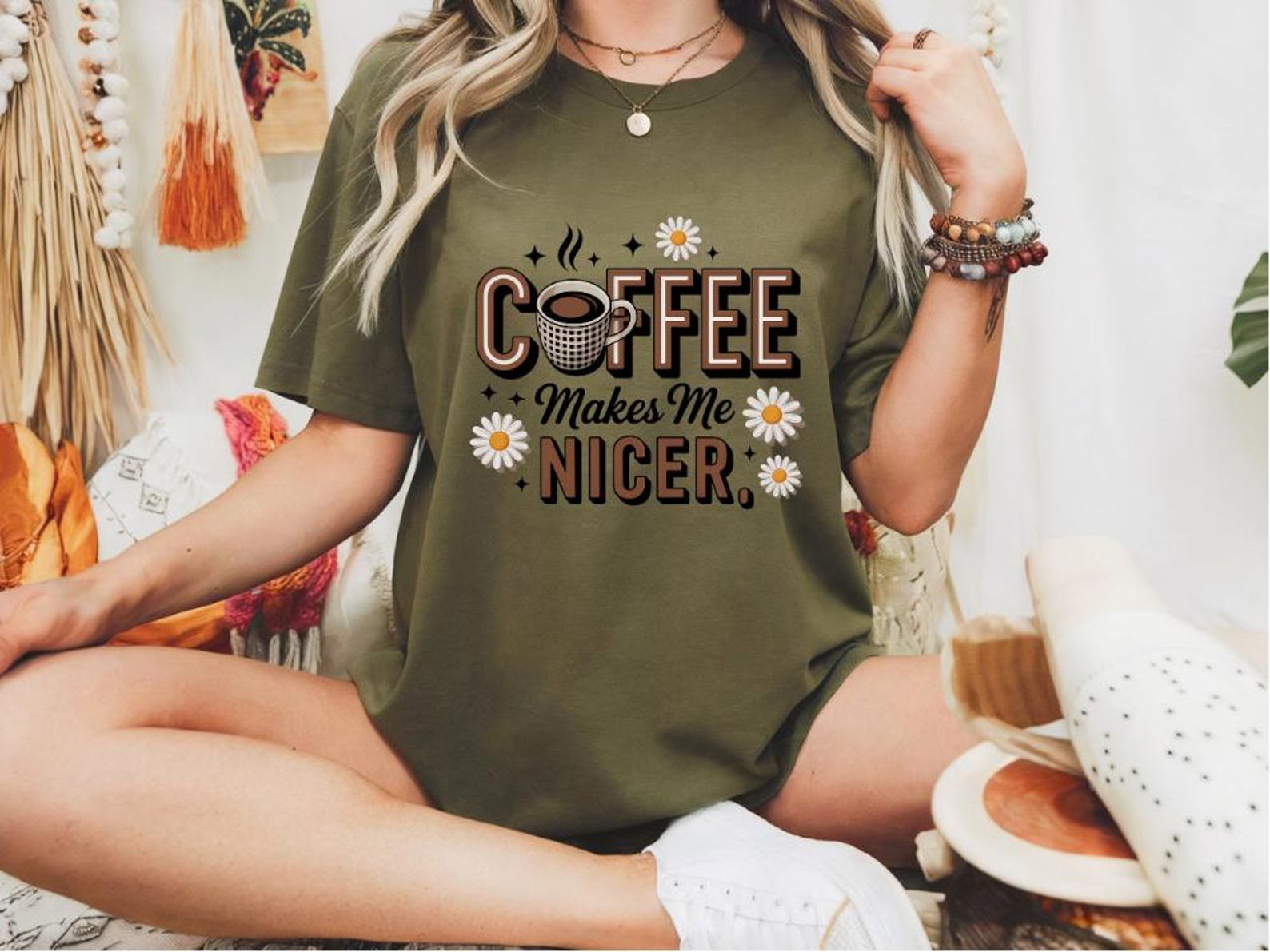 Coffee Makes Me Nicer Shirt, Cute Coffee Lover Graphic Tee with Daisies, Funny Caffeine Quote Shirt, Morning Mood Gift for Her,Coffee Lover 5