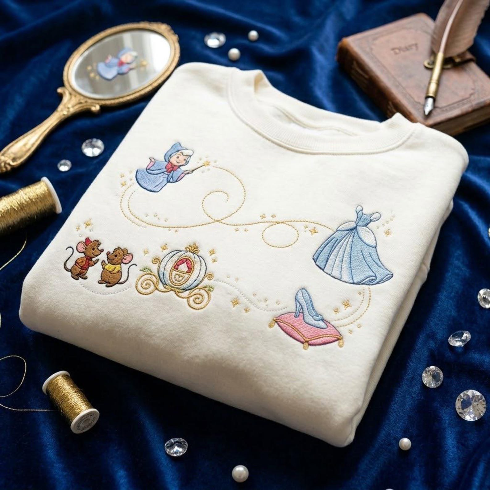 Cinderella Inspired Embroidered Sweatshirt, Pumpkin Carriage Glass Slipper Crewneck, Fairy Godmother Princess Storybook Gift 1