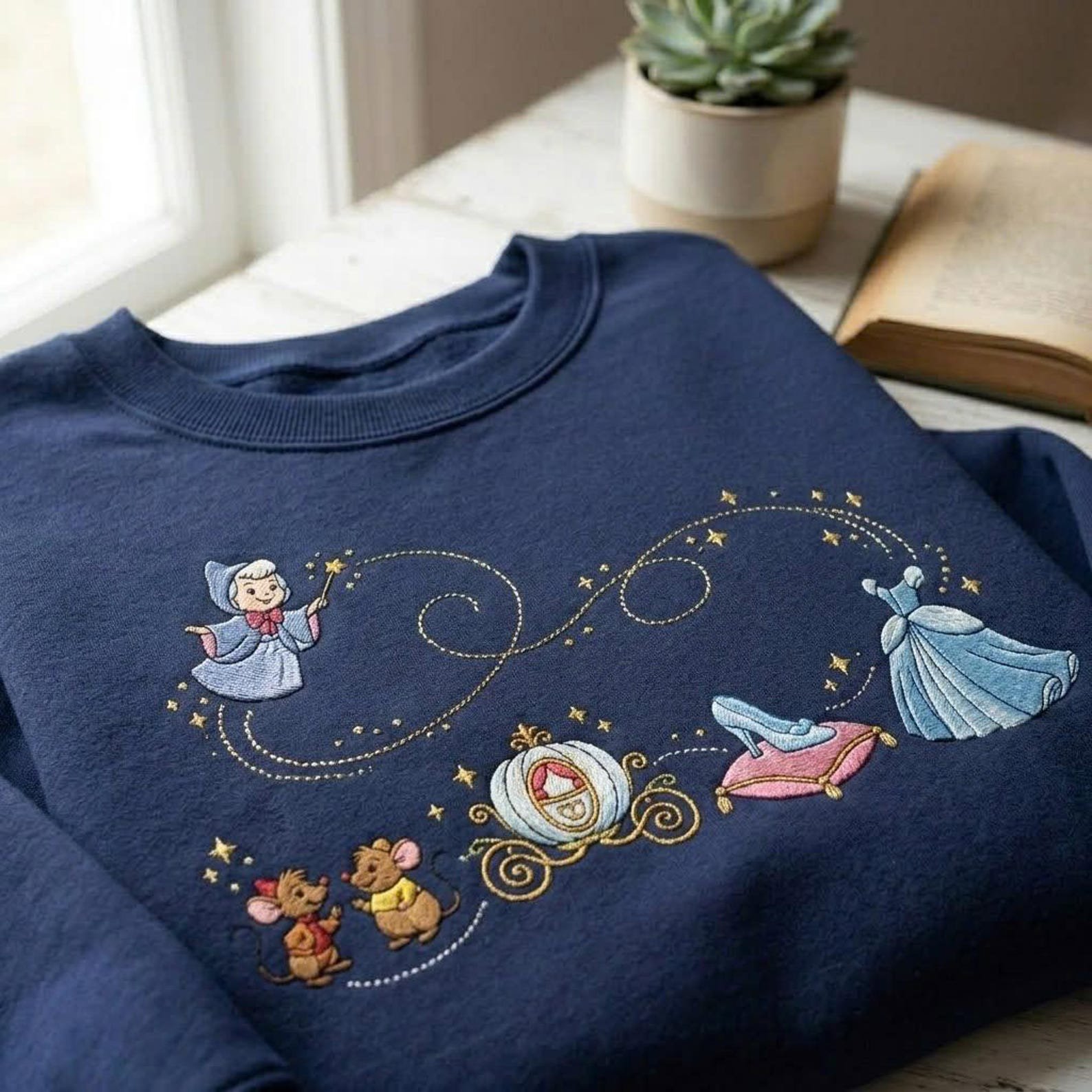 Cinderella Inspired Embroidered Sweatshirt, Pumpkin Carriage Glass Slipper Crewneck, Fairy Godmother Princess Storybook Gift 2