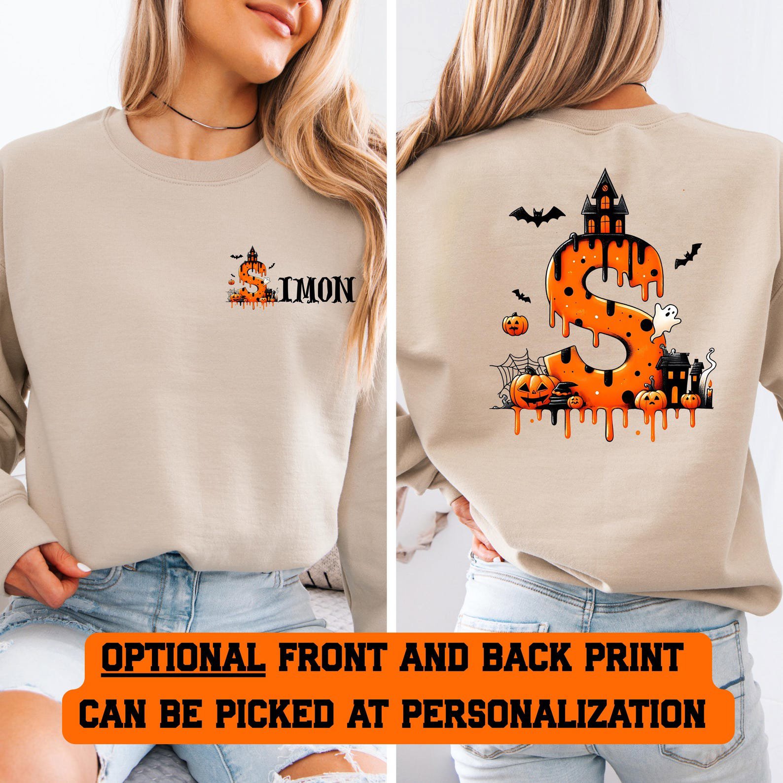 Monogram Halloween Shirt ,Spooky Dripping Initial Sweatshirt, Pumpkin Graphic For Matching Family, Friends Outfit 3